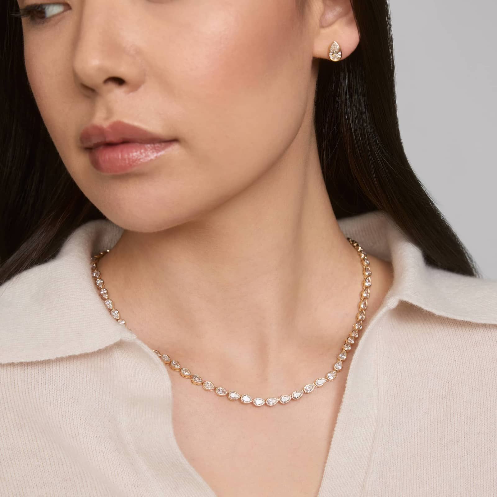 East-West Bezel Tennis Necklace With 20 CTW Pear Shaped Lab-Grown Diamonds in 14K Yellow Gold