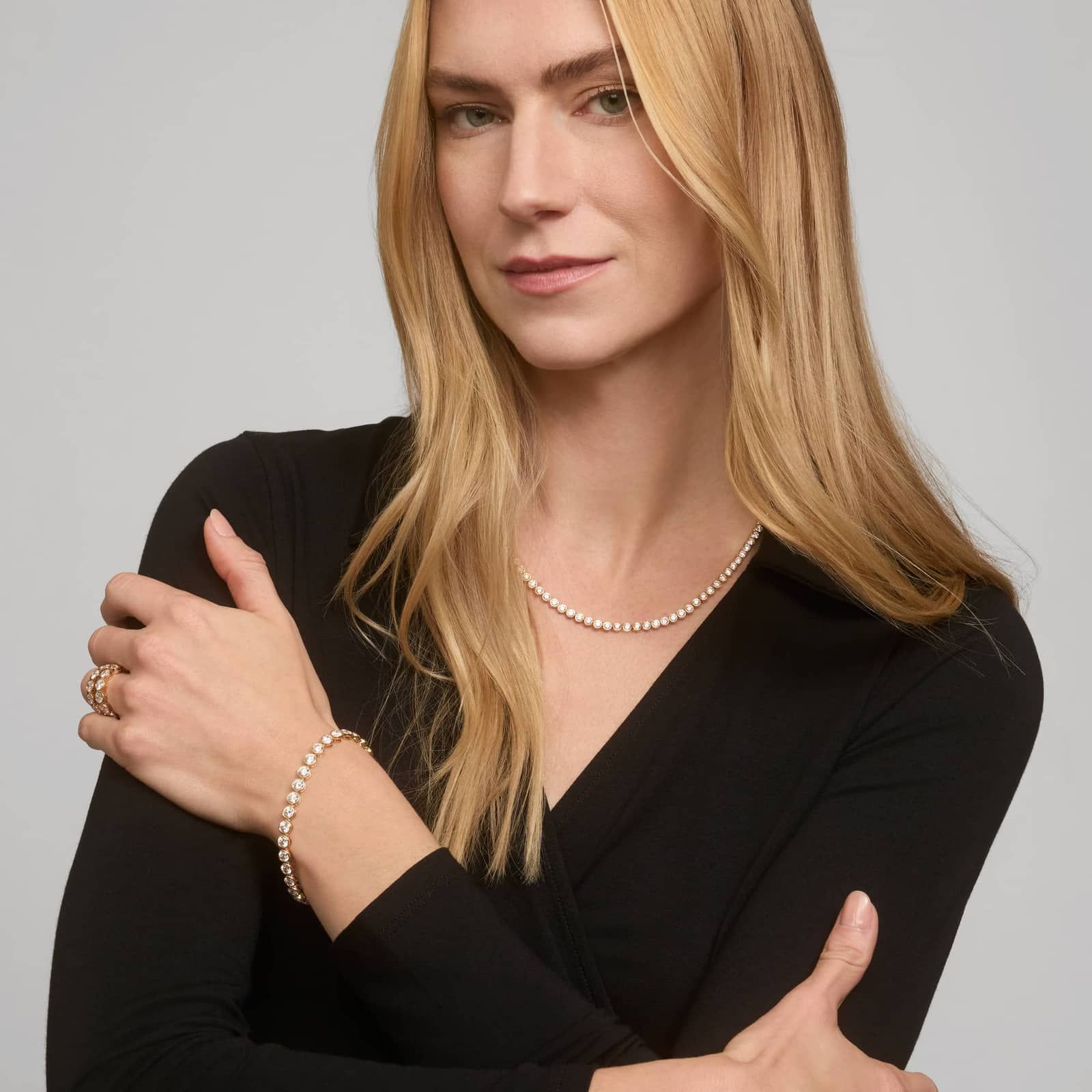 Bezel Tennis Necklace With 15 CTW Round Diamonds in 14K Yellow Gold