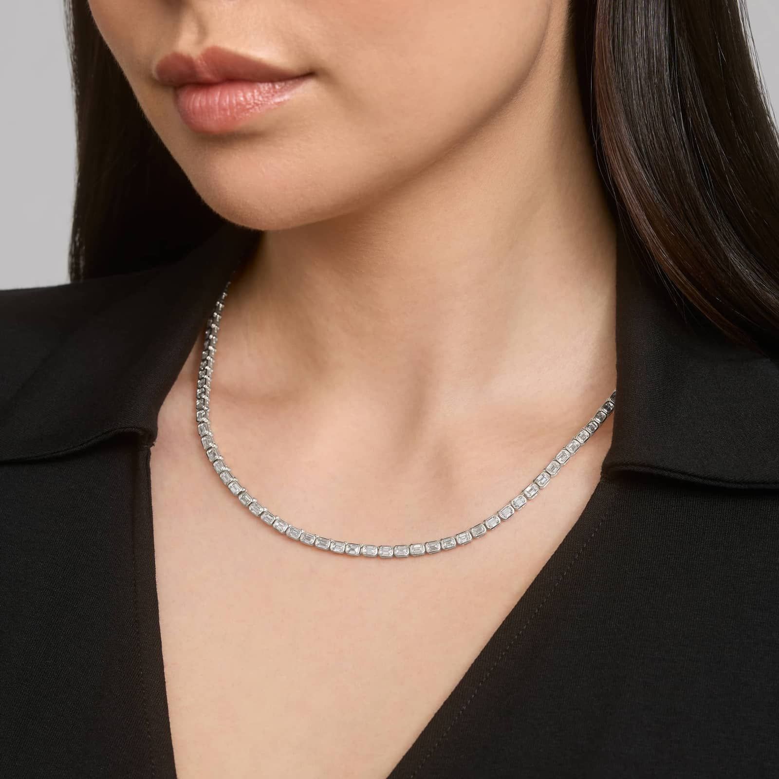 East-West Bezel Tennis Necklace With 15 CTW Emerald Cut Diamonds in 14K White Gold