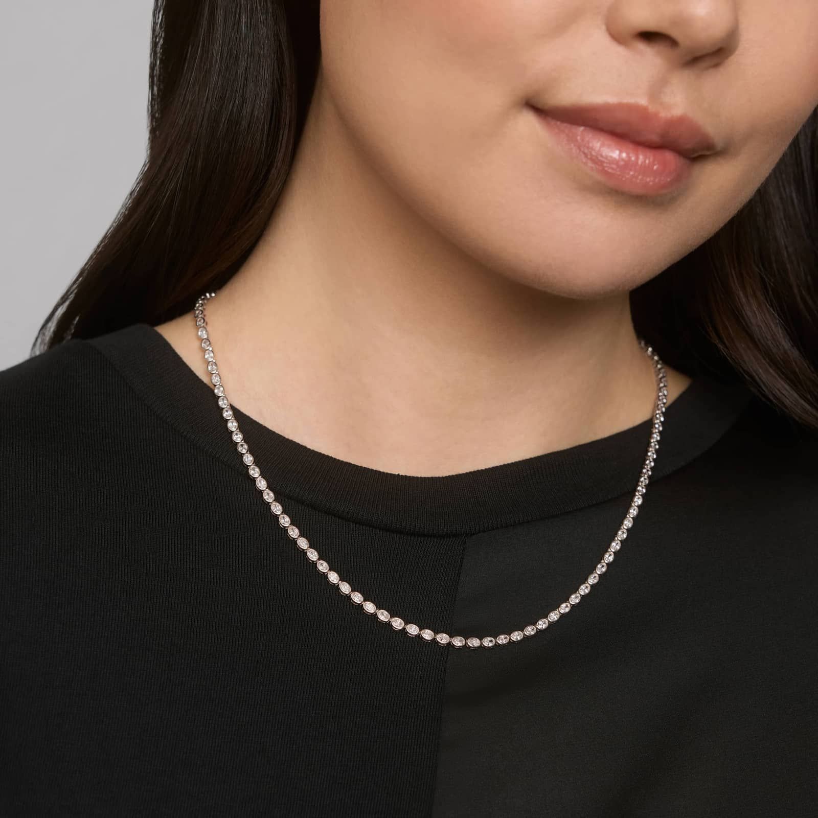 East-West Bezel Tennis Necklace With 7 CTW Oval Cut Diamonds in Platinum