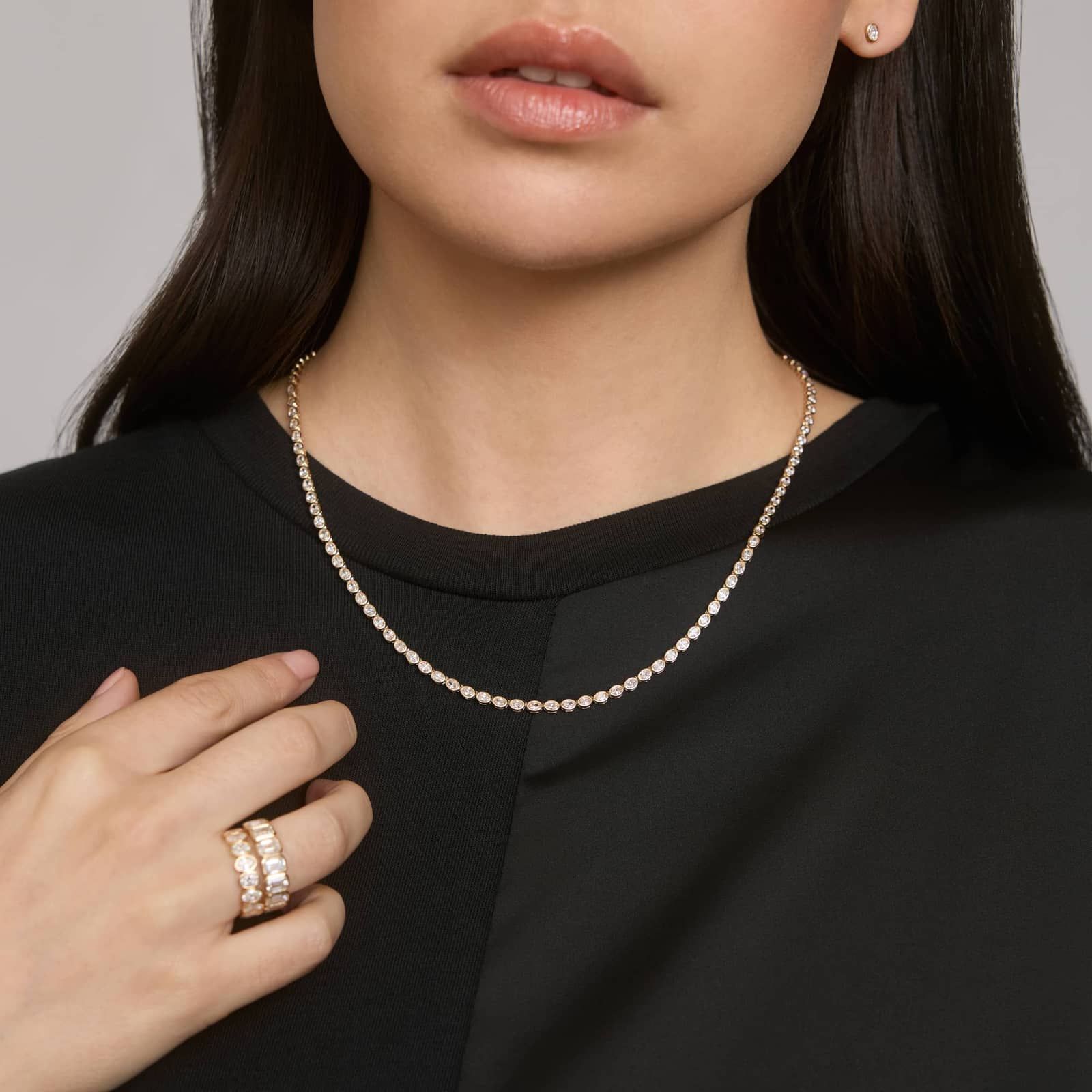 East-West Bezel Tennis Necklace With 7 CTW Oval Cut Diamonds in 14K Yellow Gold