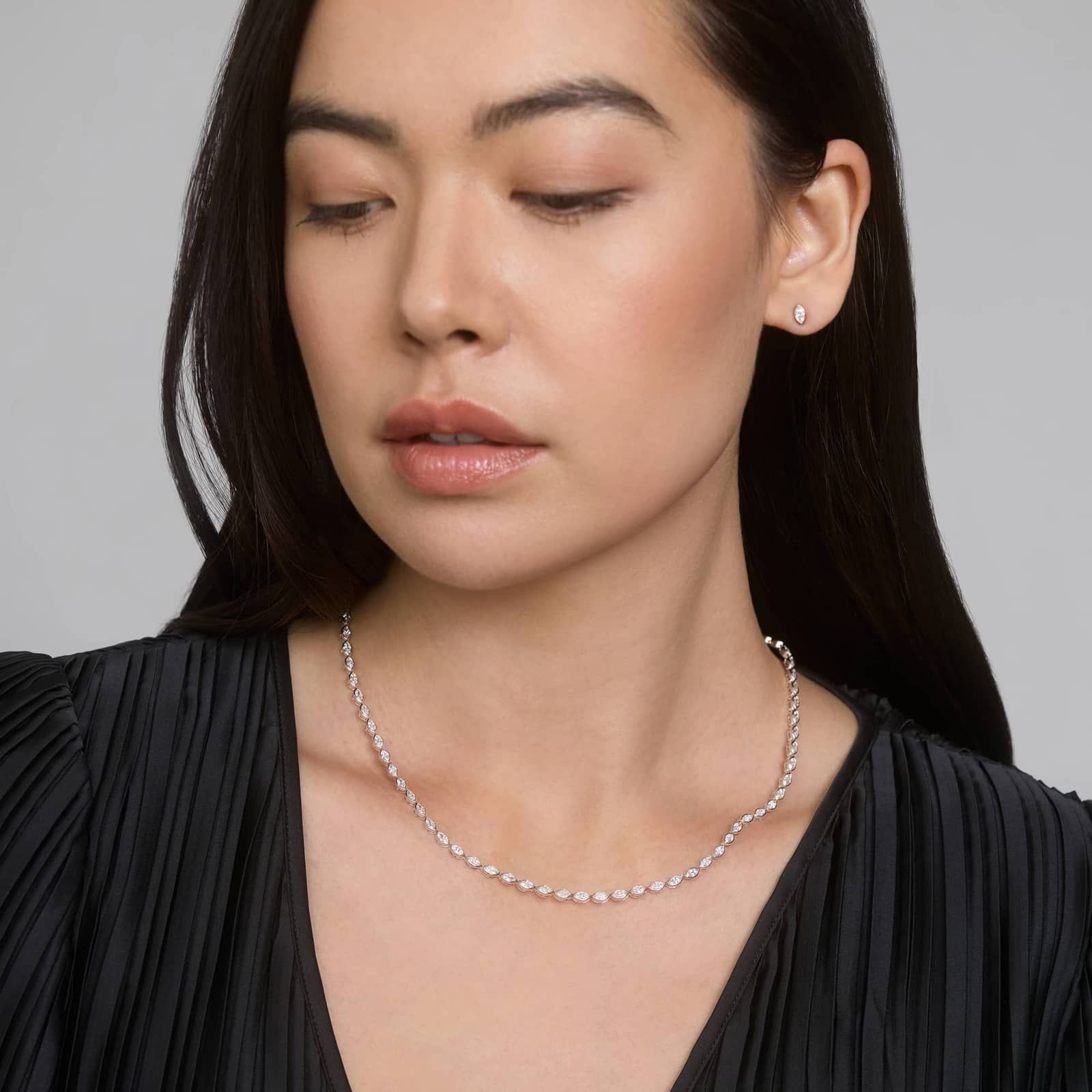 East-West Bezel Tennis Necklace With 7 CTW Marquise Cut Diamonds in Platinum