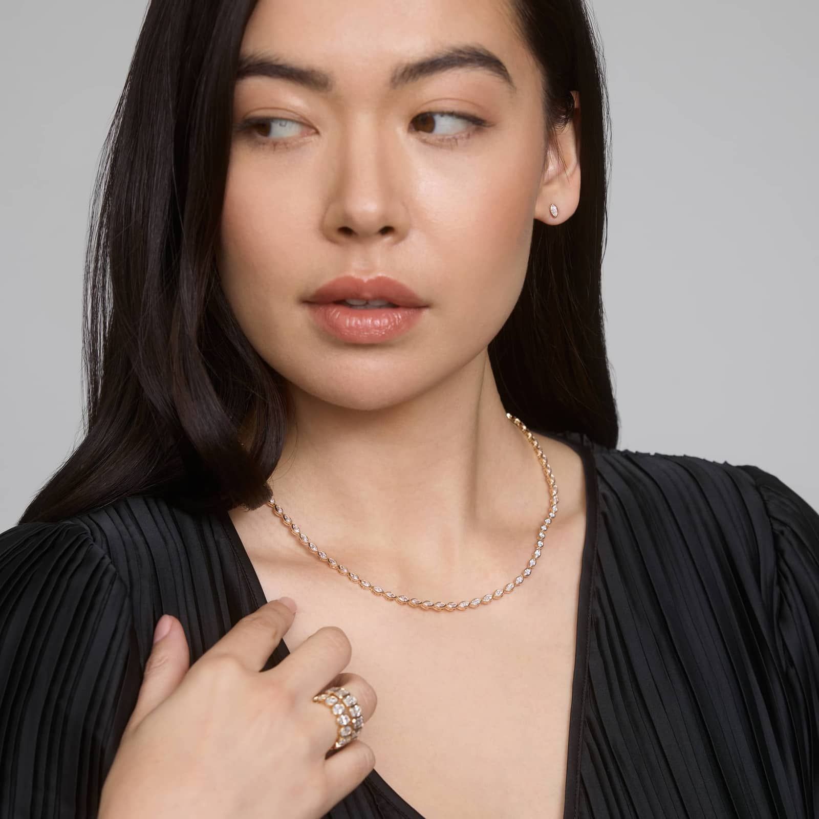 East-West Bezel Tennis Necklace With 7 CTW Marquise Cut Diamonds in 14K Yellow Gold