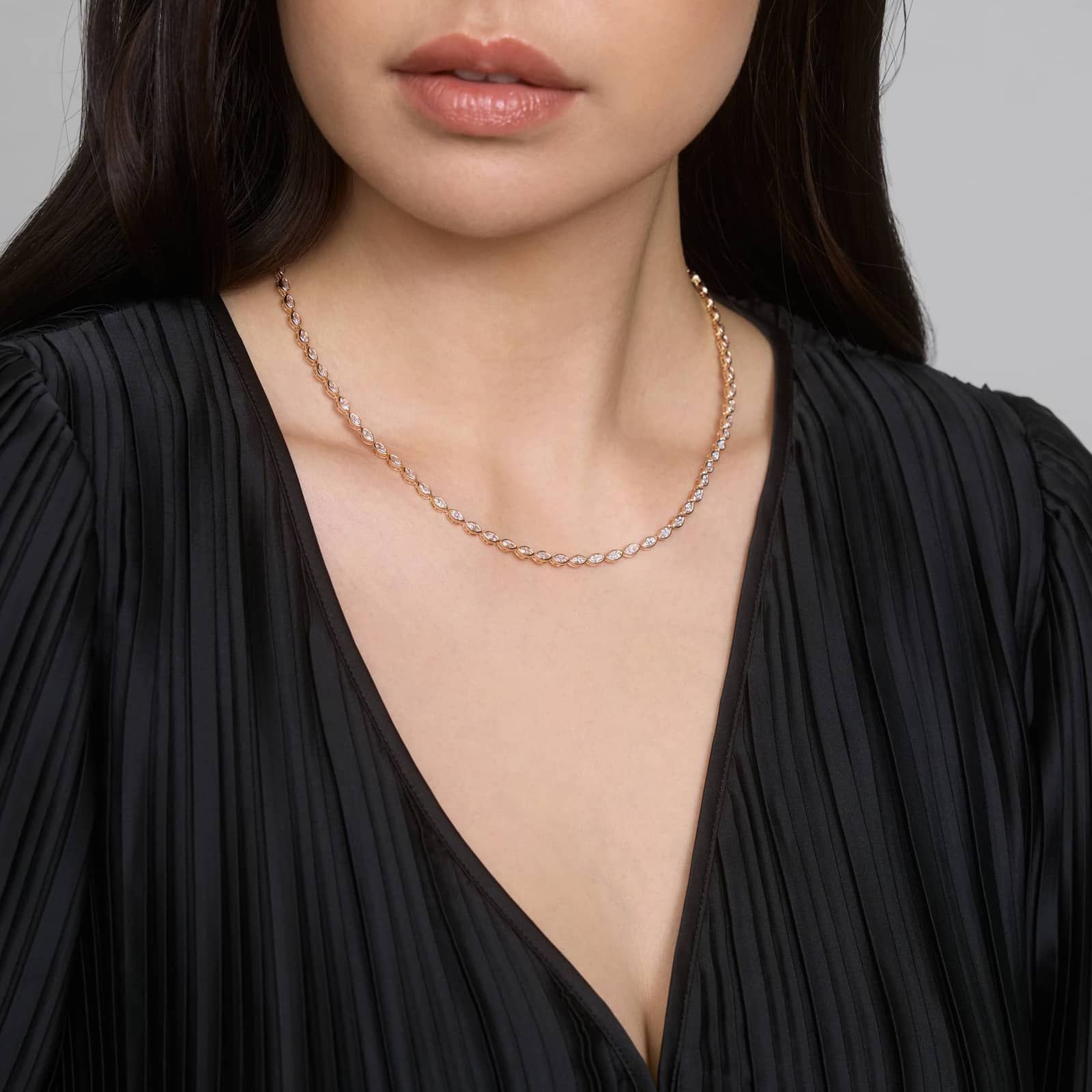 East-West Bezel Tennis Necklace With 7 CTW Marquise Cut Diamonds in 14K Yellow Gold