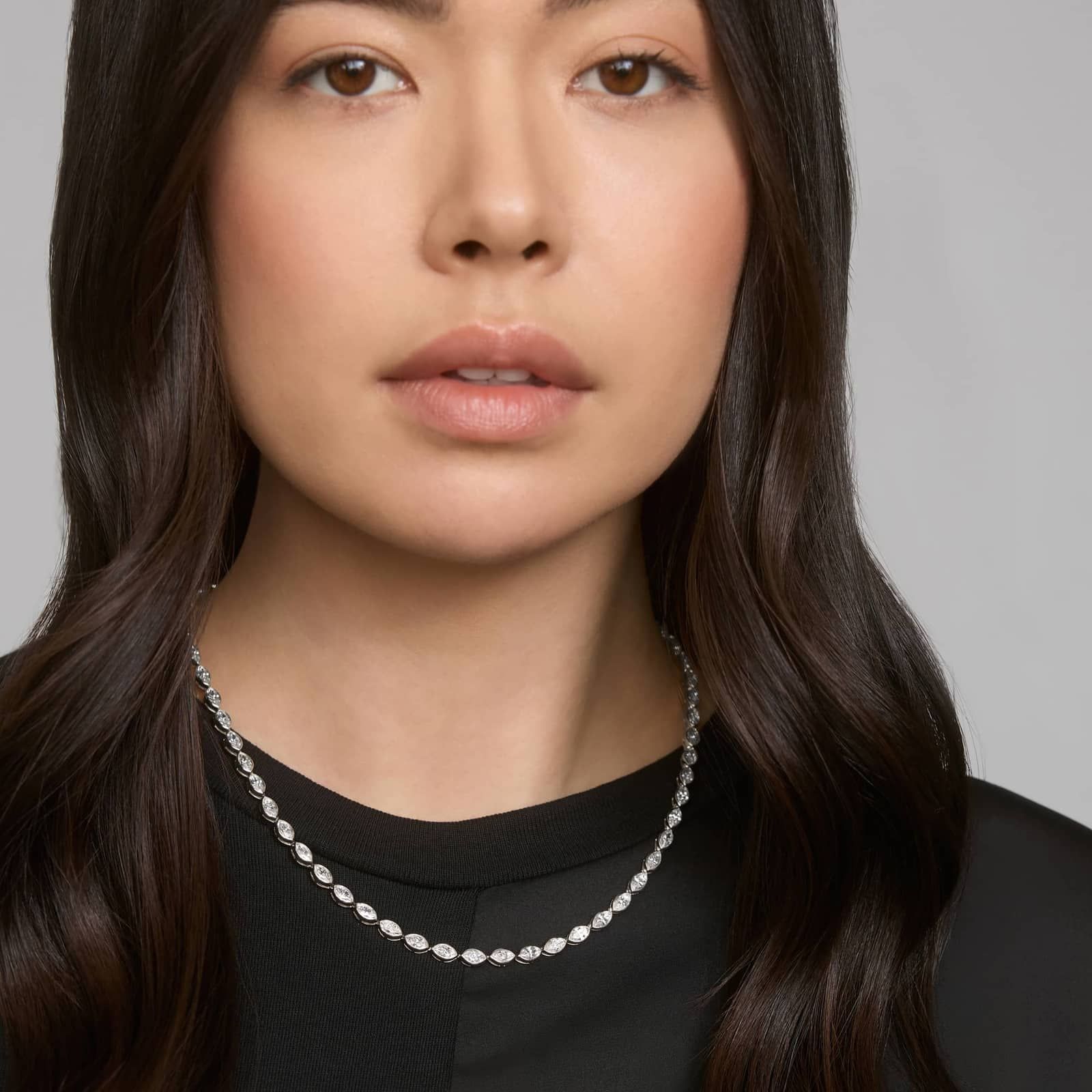 East-West Bezel Tennis Necklace With 15 CTW Marquise Cut Diamonds in Platinum