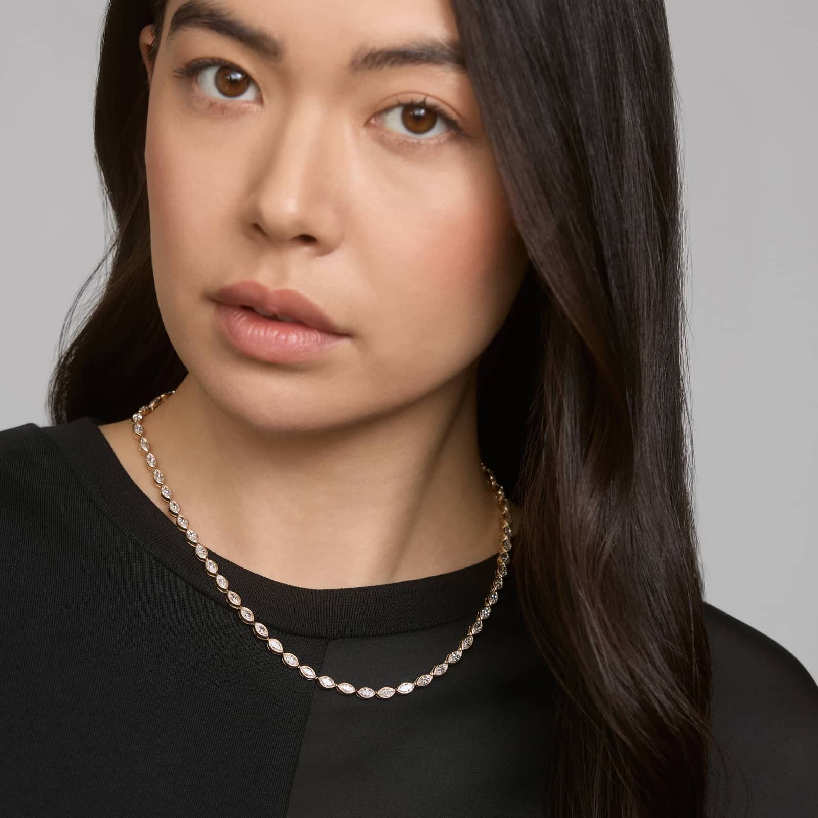 East-West Bezel Tennis Necklace With 15 CTW Marquise Cut Diamonds in 14K Yellow Gold