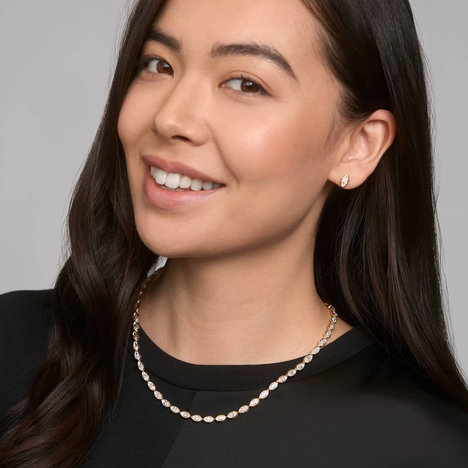 East-West Bezel Tennis Necklace With 20 CTW Marquise Cut Diamonds in 14K Yellow Gold