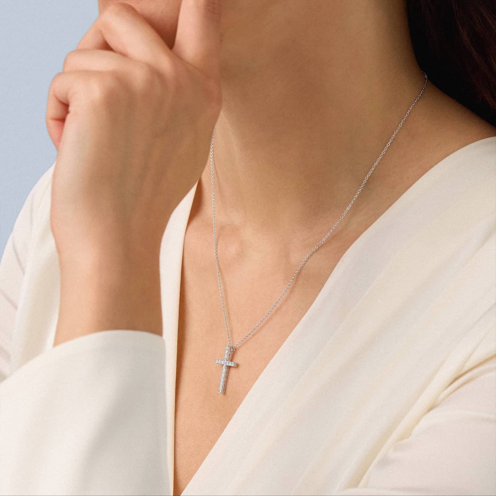 Riviera Pavé Lab-Grown Diamond Cross Necklace in 14K White Gold (1/2 ct. tw.)