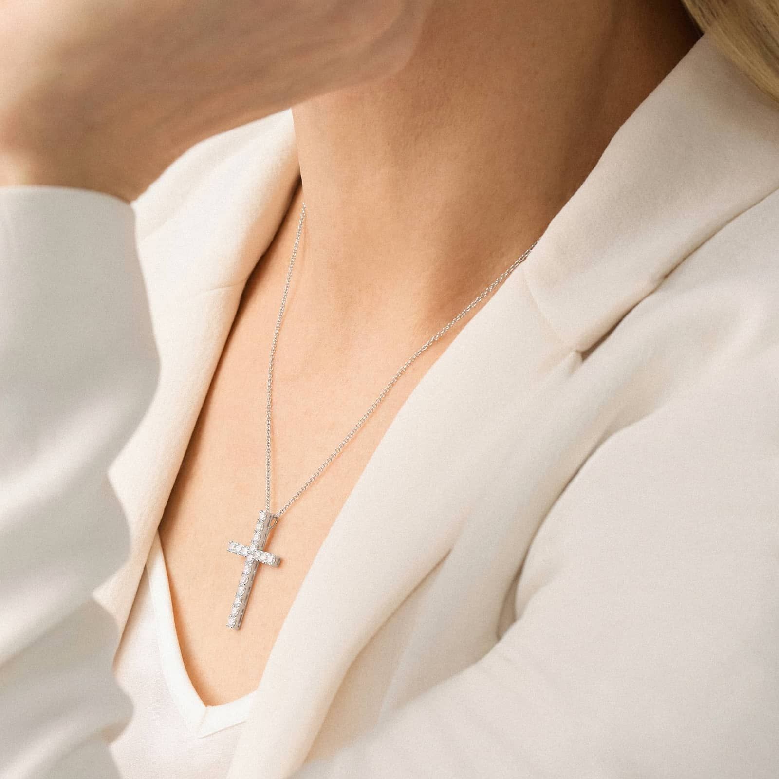 Riviera Pavé Lab-Grown Diamond Cross Necklace in 14K White Gold (1 ct. tw.)