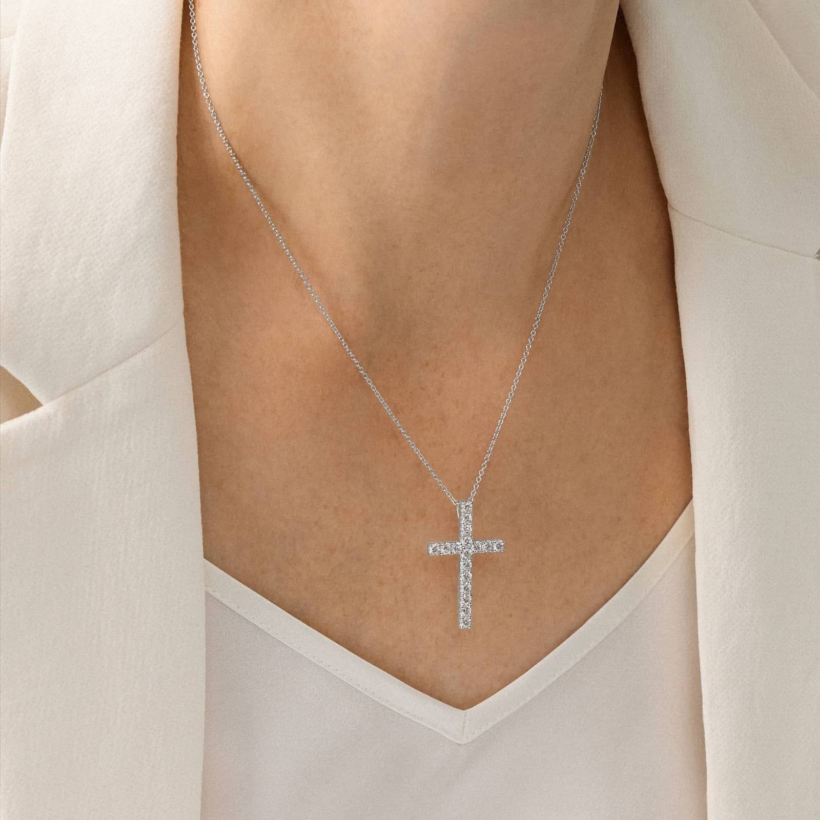 Riviera Pavé Lab-Grown Diamond Cross Necklace in 14K White Gold (1 ct. tw.)