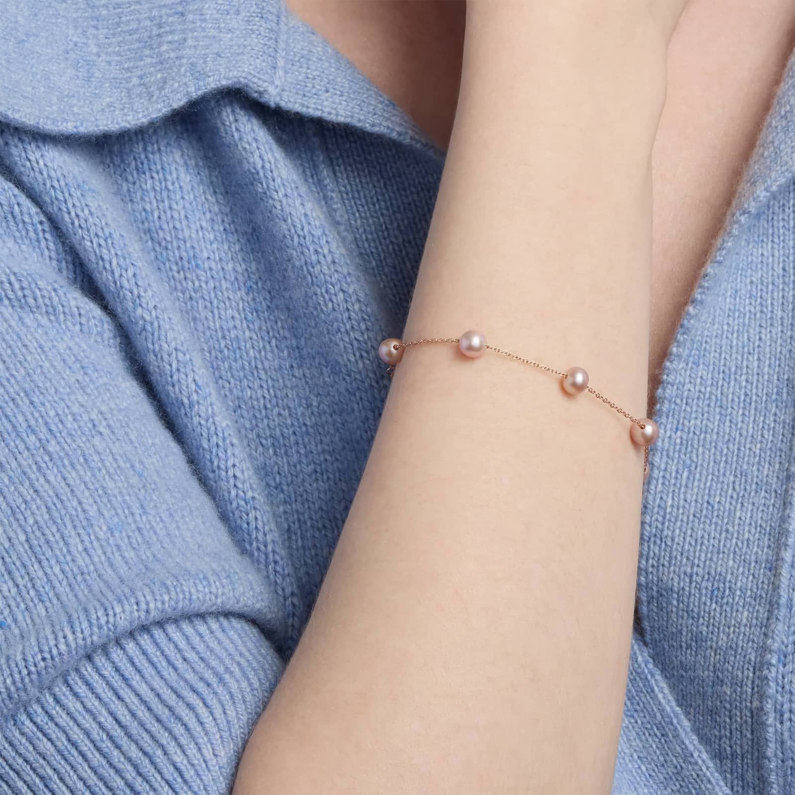 Pink Freshwater Cultured Pearl Tin Cup Stationed Bracelet in 14k Rose Gold (5.5mm)