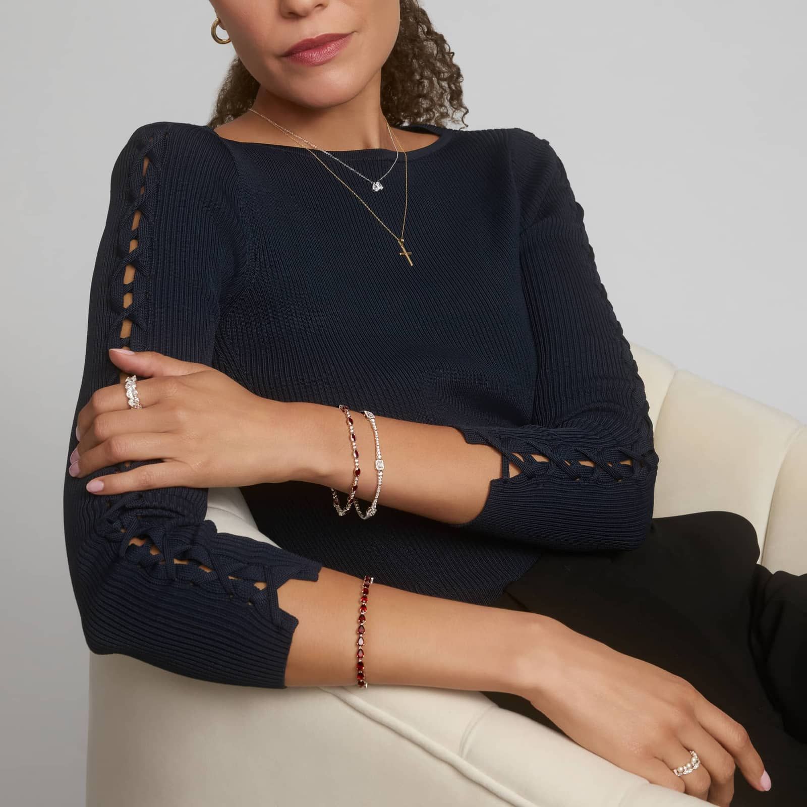 Diamond Bracelet with 3 CTW Emerald and Round Cut Lab-Grown Diamonds in 14K White Gold