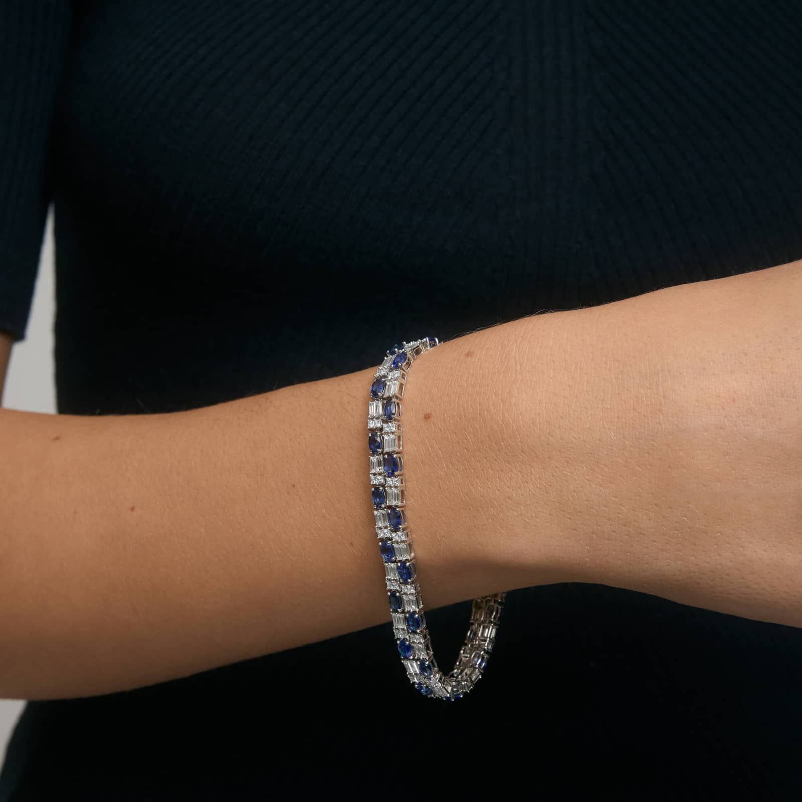 Alternating Baguette Cut Blue Sapphire And Diamond Tennis Bracelet In 14K White Gold