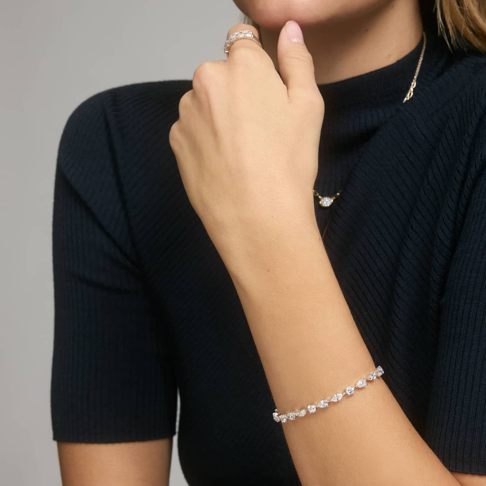 Multi-Shape Diamond Line Bracelet with 7.5 CTW Pear, Round, And Marquise Cut Lab-Grown Diamonds in 14K White Gold