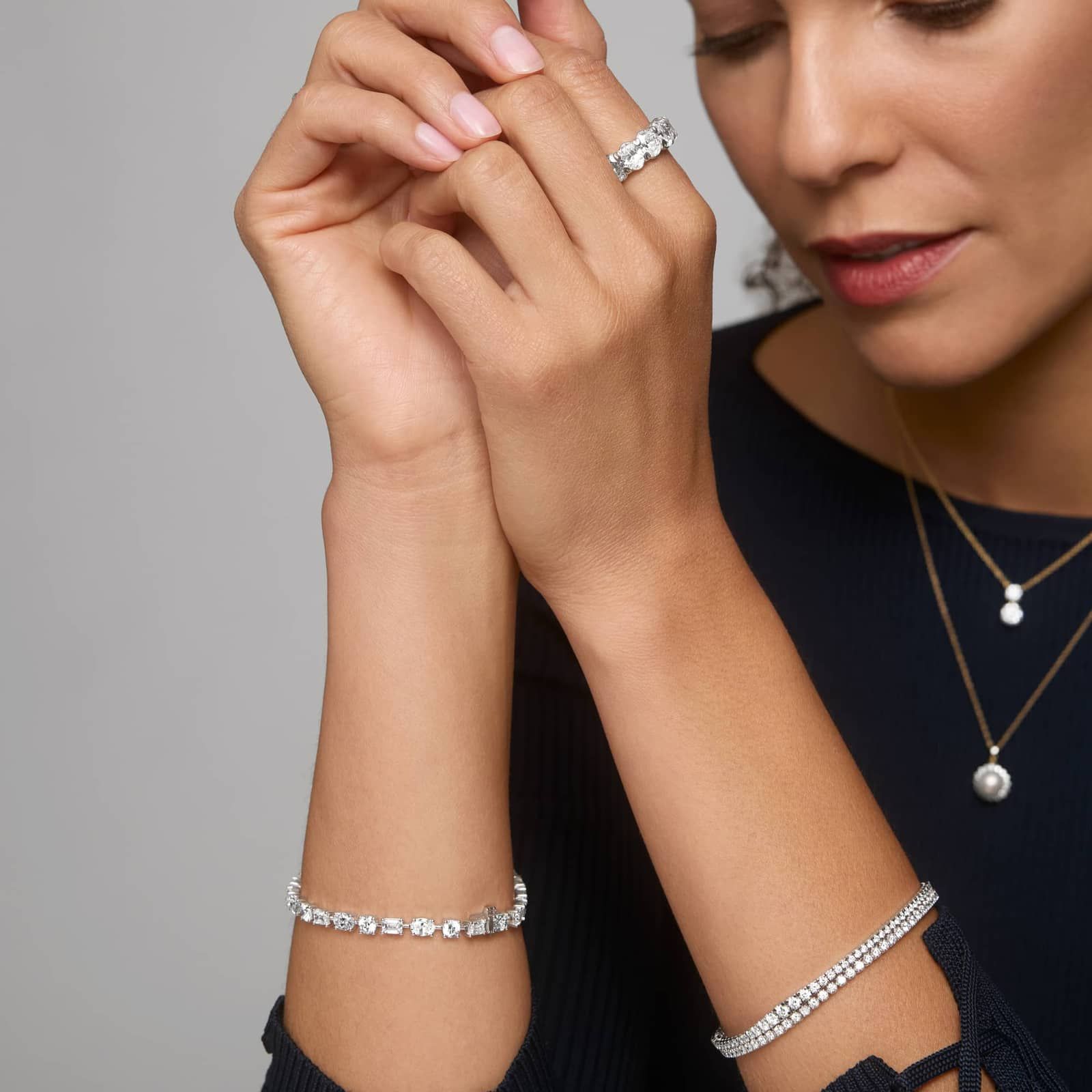 Multi-Shape Diamond Line Bracelet with 9 CTW Round, Oval, And Emerald Cut Lab-Grown Diamonds in 14K White Gold