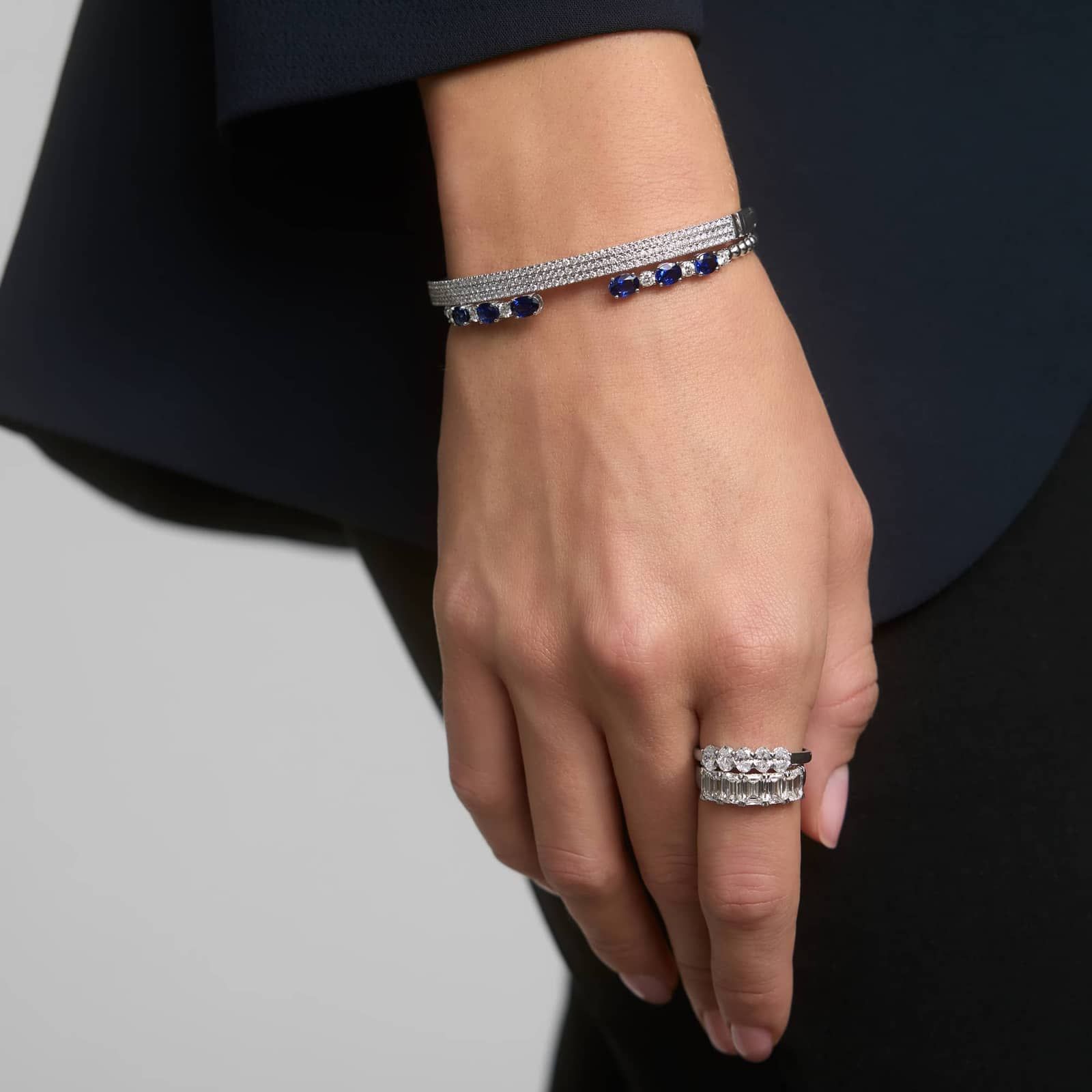 Alternating Diamond and Blue Sapphire Open Cuff Bracelet in 14K White Gold