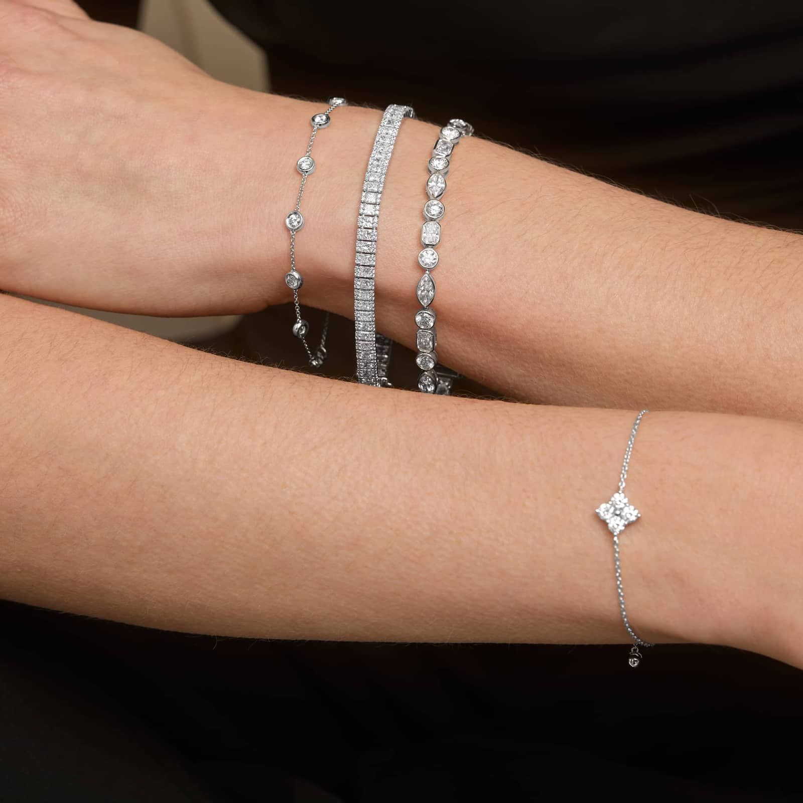 Bezel Set Mixed Shape Diamond Bracelet with 9 CTW Radiant, Round and Marquise Cut Lab-Grown Diamonds in 14K White Gold