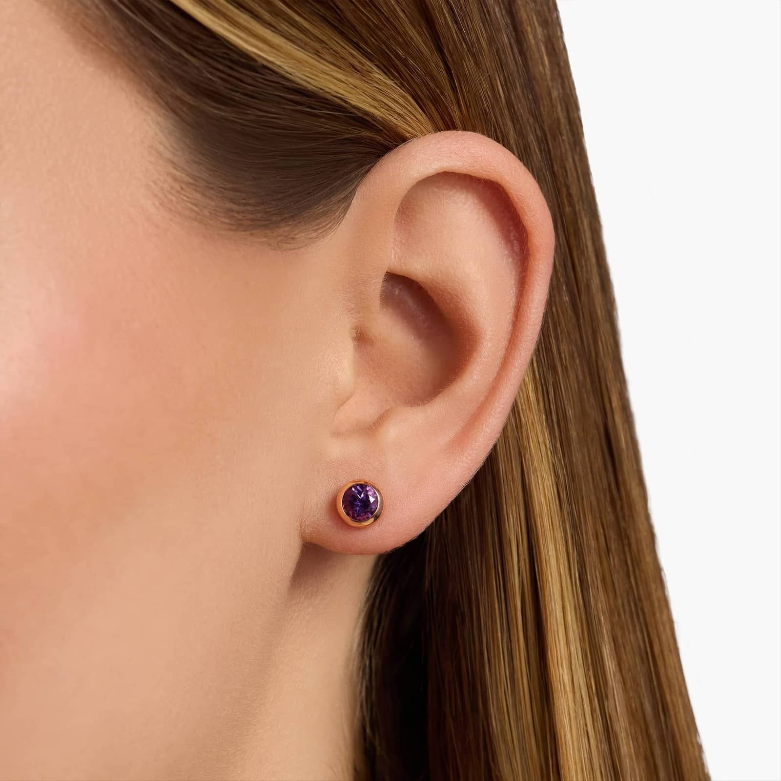 Bezel Set Amethyst Stud Earring in 14k Rose Gold