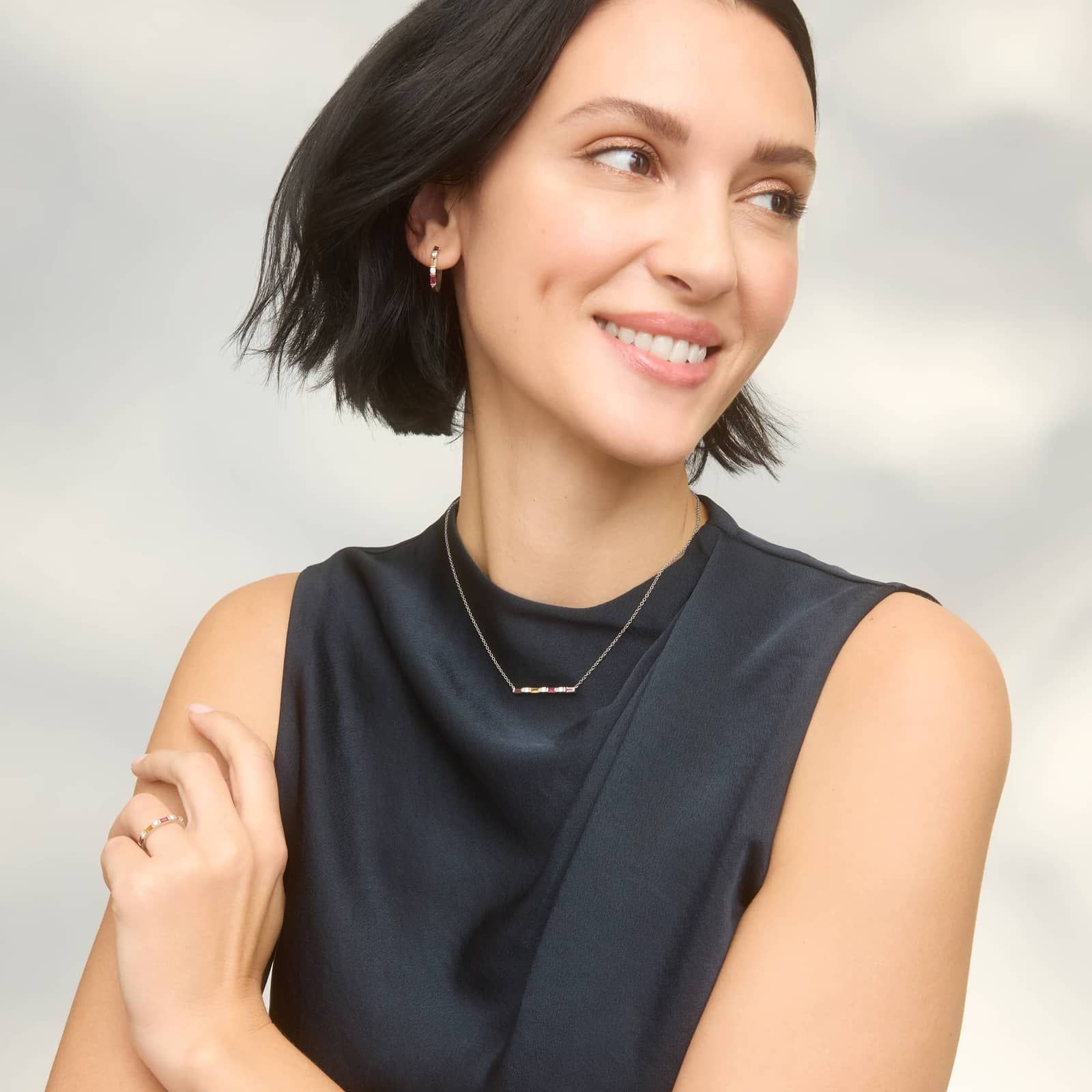 Personalized Baguette Cut Two Birthstone Hoop Earrings With Lab-Grown Diamonds In 14K White Gold