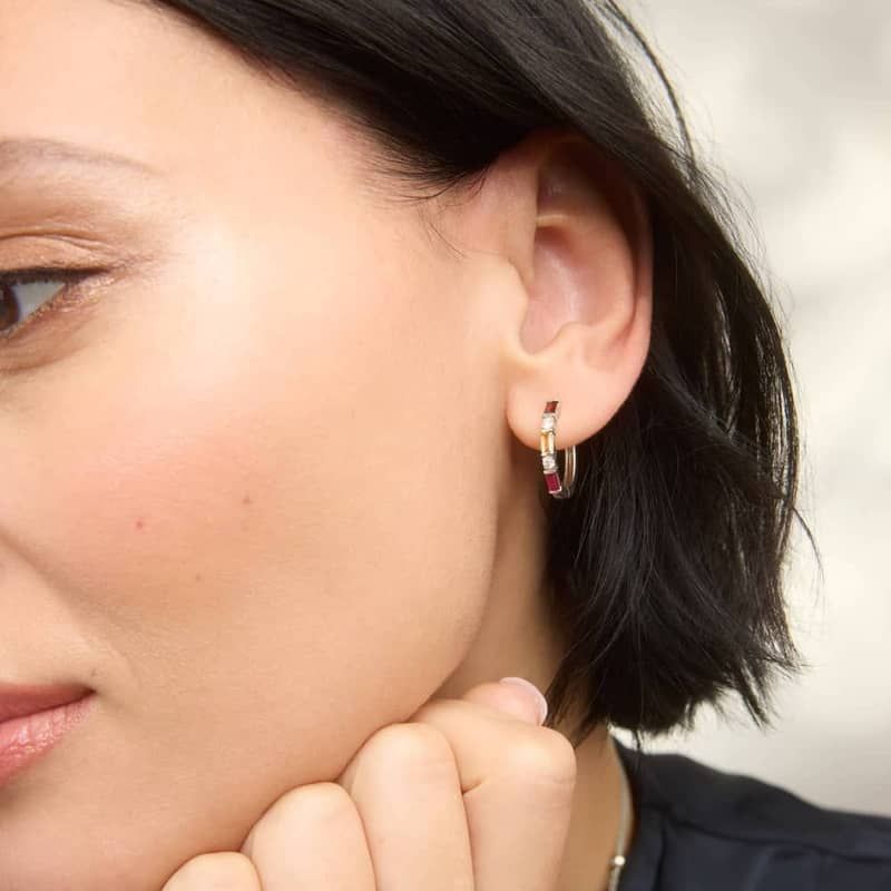 Personalized Baguette Cut Three Birthstone Hoop Earrings With Lab-Grown Diamonds In 14K White Gold