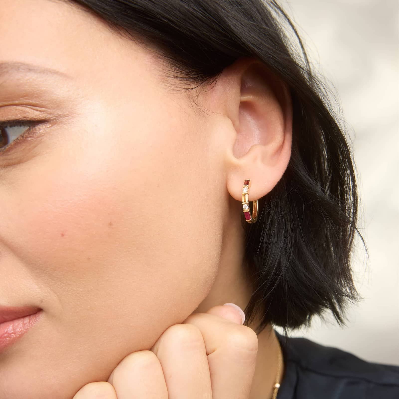 Personalized Baguette Cut Two Birthstone Hoop Earrings With Lab-Grown Diamonds In 14K Yellow Gold