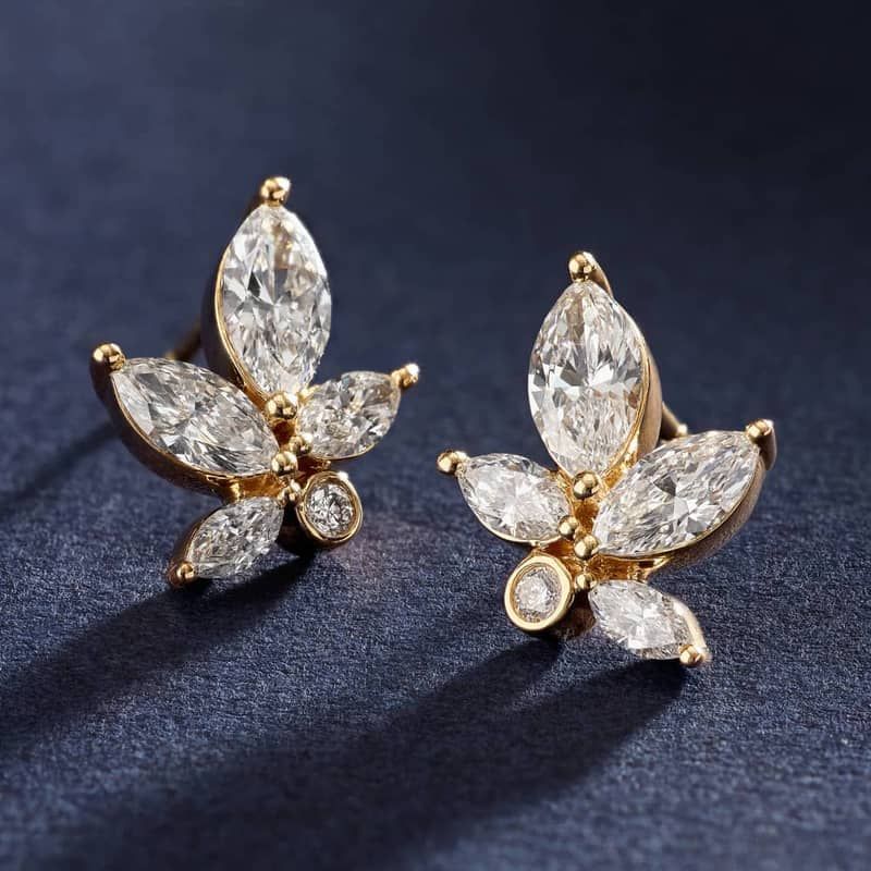 Cluster Stud Earrings With 1.75 CTW Round And Marquise Cut Lab-Grown Diamonds In 14K Yellow Gold