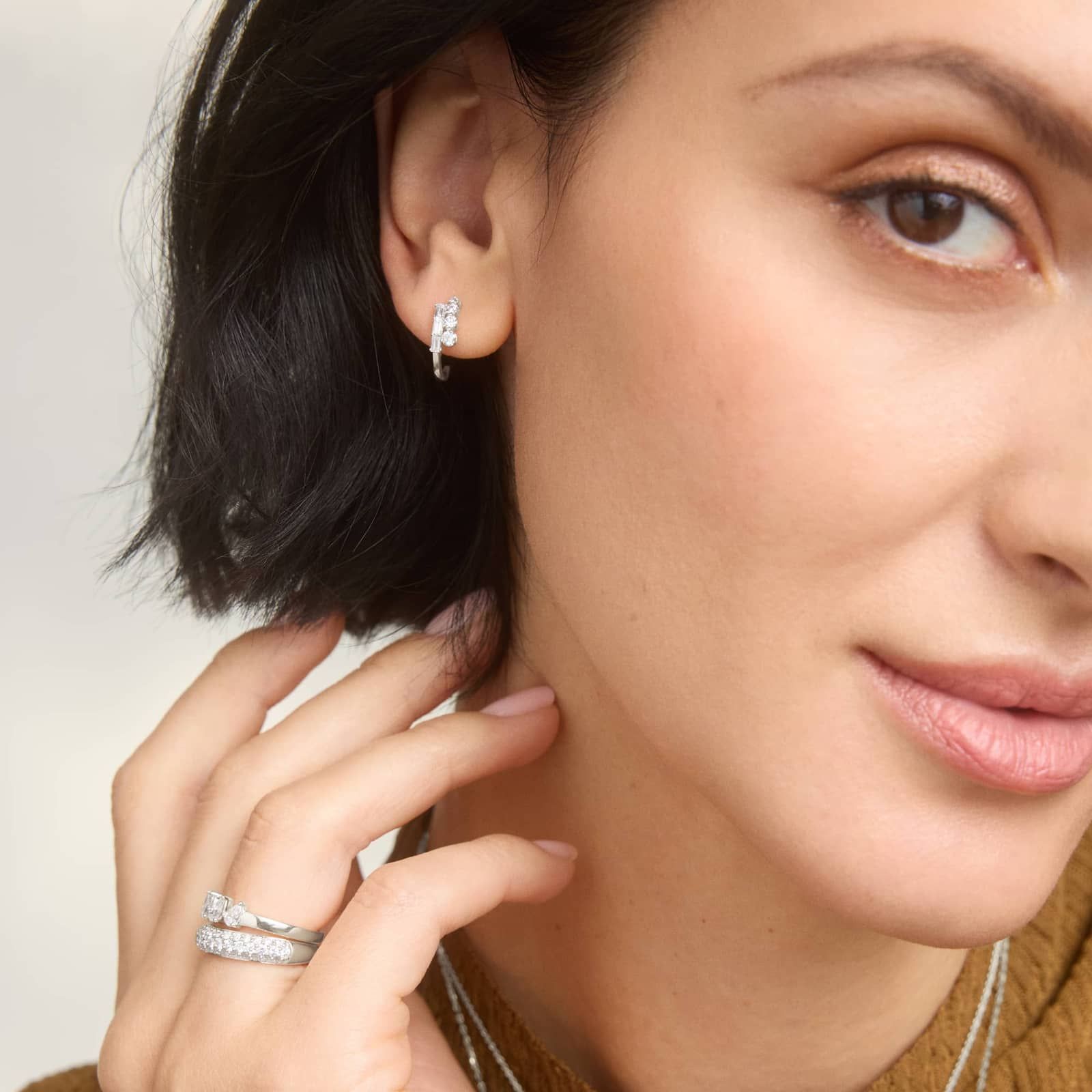 Diamond J Hoop Earrings with 0.5 CTW Baguette and Round Cut Lab-Grown Diamonds in 14K White Gold