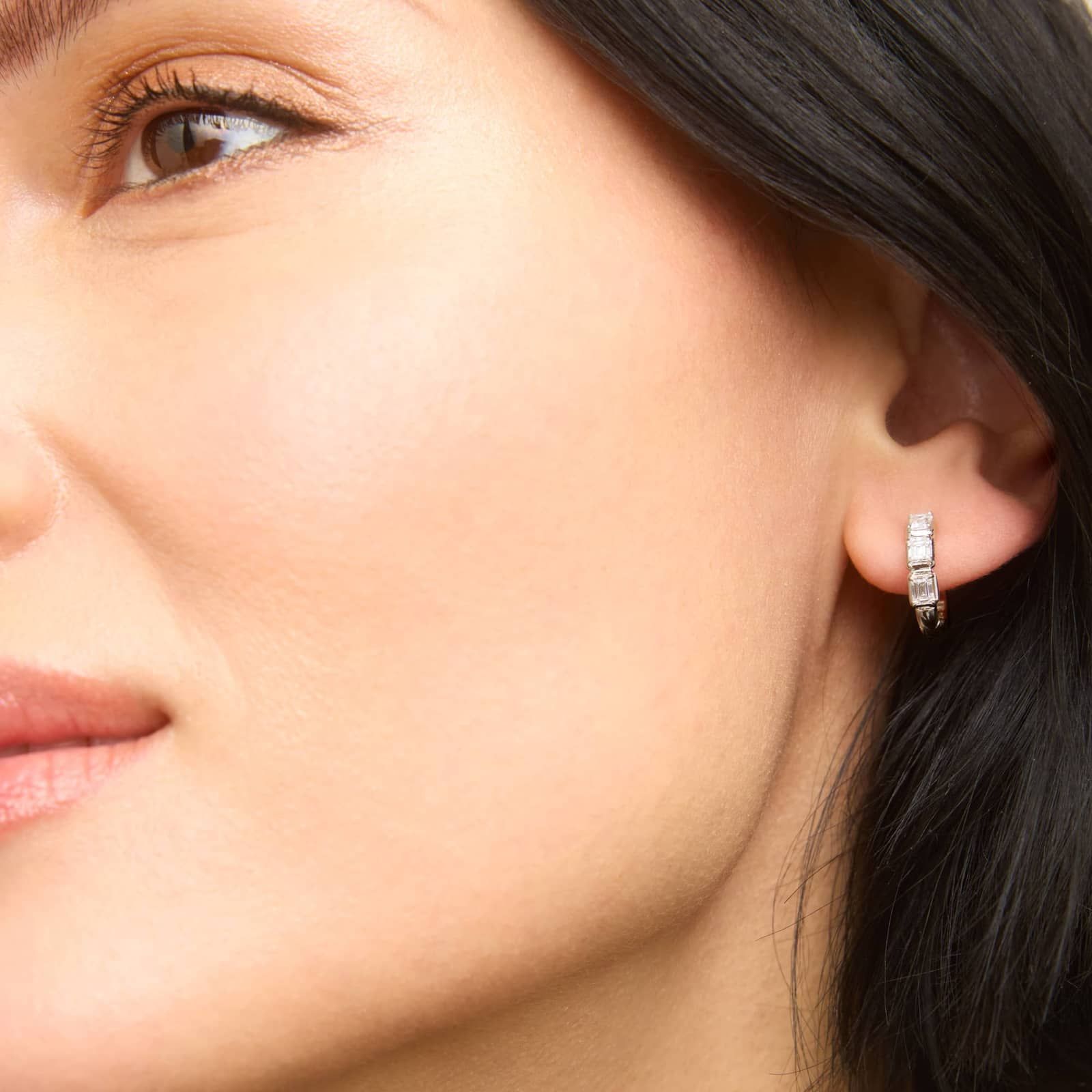 3 Stone Diamond Huggie Earrings with 1 CTW Emerald Cut Lab-Grown Diamonds in 14K White Gold