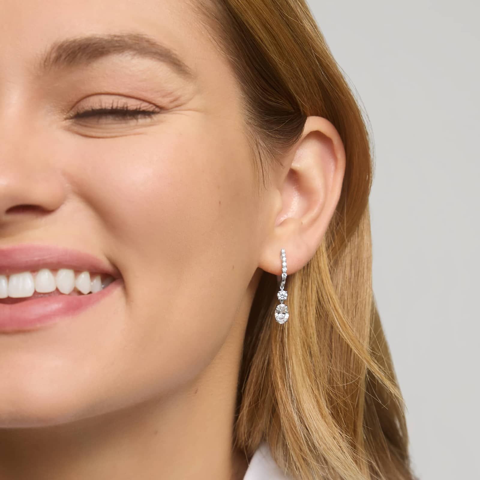 Diamond Dangle Earrings with 2 CTW Oval and Round Cut Lab-Grown Diamonds in 14K White Gold