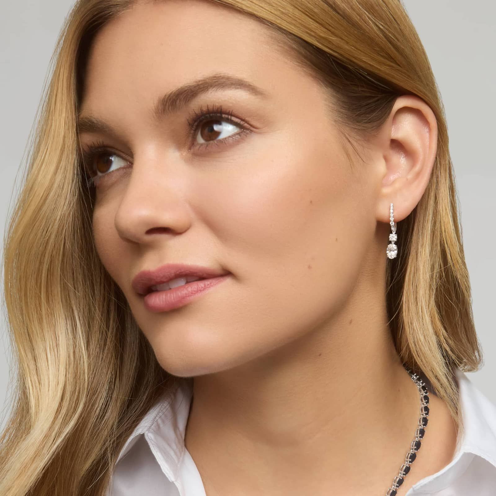Diamond Dangle Earrings with 2 CTW Oval and Round Cut Lab-Grown Diamonds in 14K White Gold