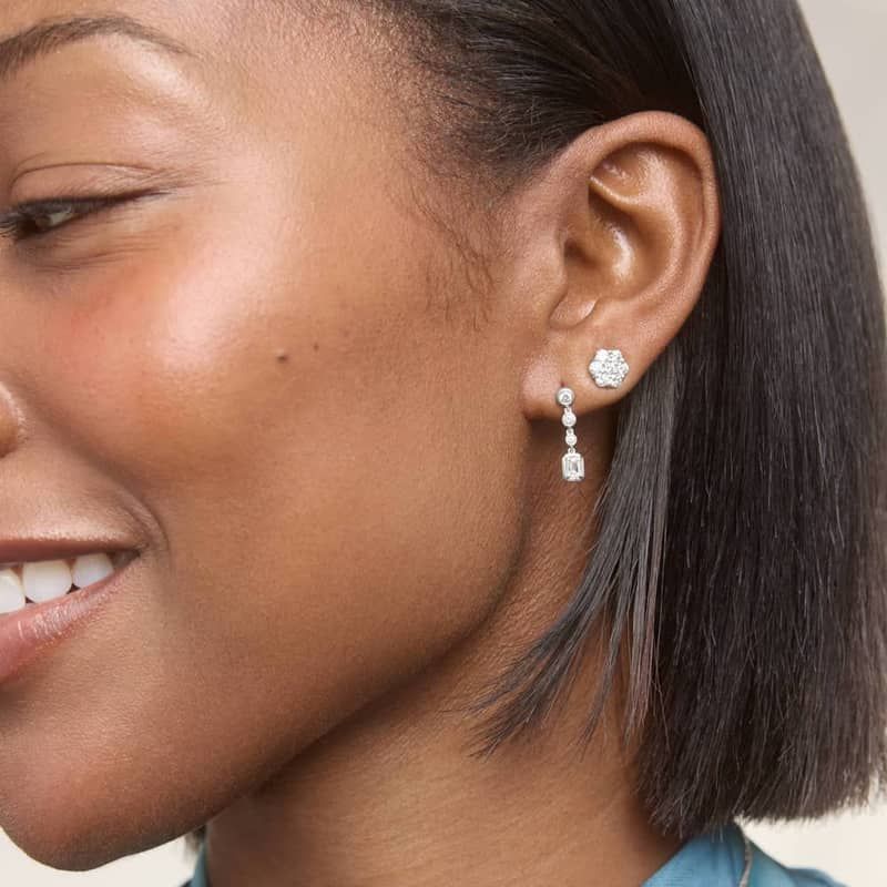 Diamond Drop Earrings with 0.5 CTW Round and Emerald Cut Lab-Grown Diamonds in 14K White Gold Bezel Setting