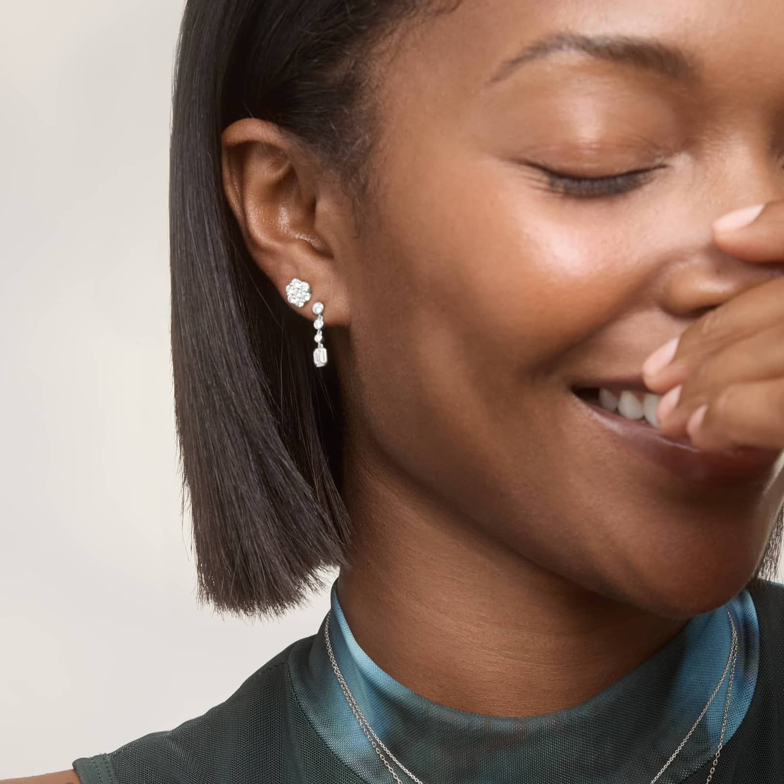 Diamond Drop Earrings with 0.5 CTW Round and Emerald Cut Lab-Grown Diamonds in 14K White Gold Bezel Setting