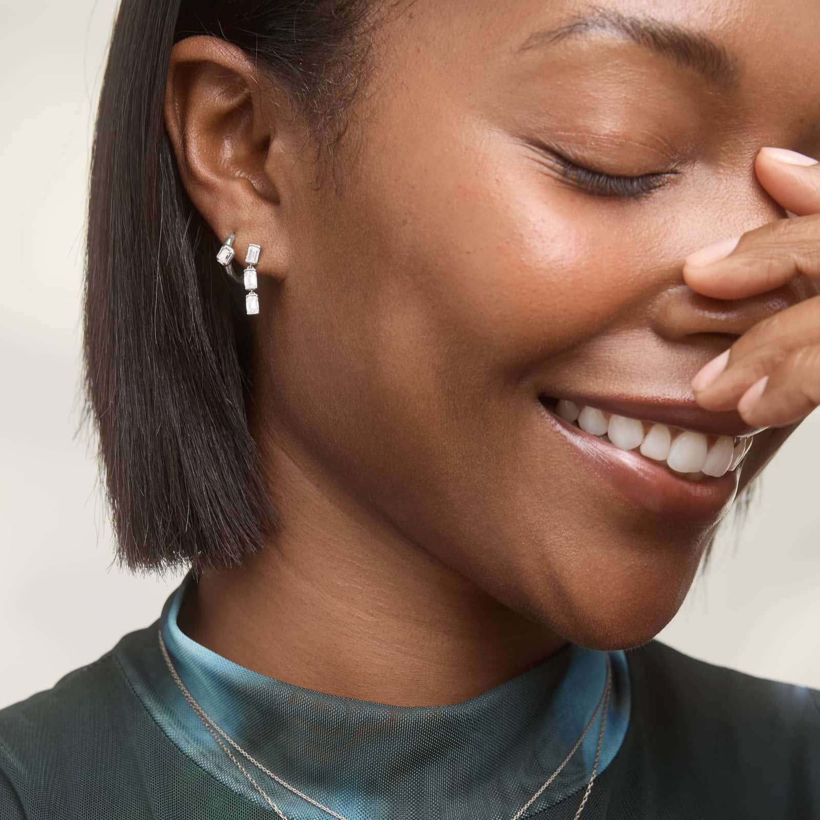 Diamond Hoop Earrings with 0.2 CTW Emerald Cut Lab-Grown Diamonds in 14K White Gold Bezel Setting