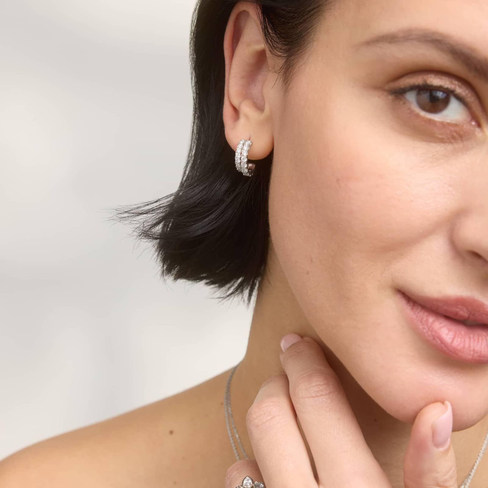 2 Row Diamond J Hoop Earrings with 1.5 CTW Round Cut Lab-Grown Diamonds in 14K White Gold