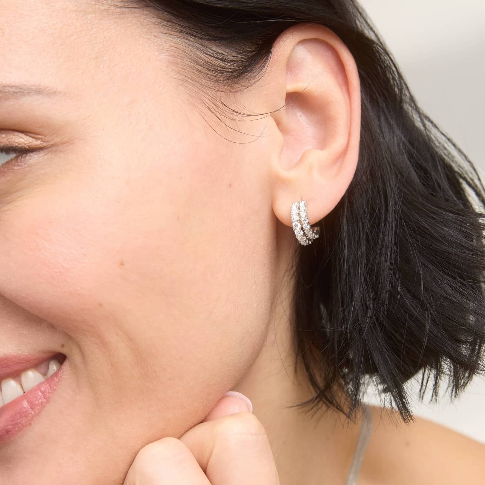 2 Row Diamond J Hoop Earrings with 1.5 CTW Round Cut Lab-Grown Diamonds in 14K White Gold