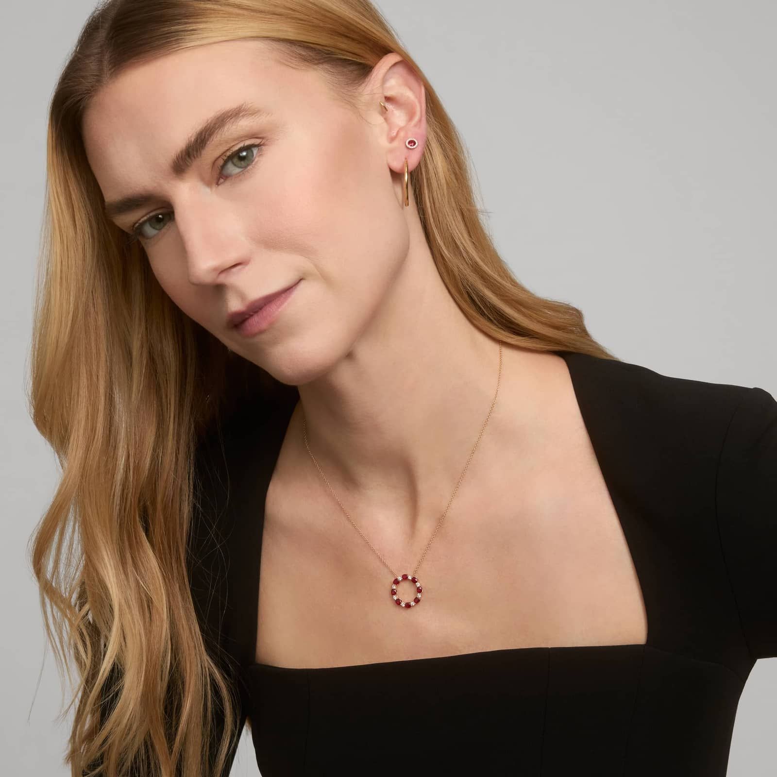 Ruby and Diamond Halo Earrings in 14K Yellow Gold