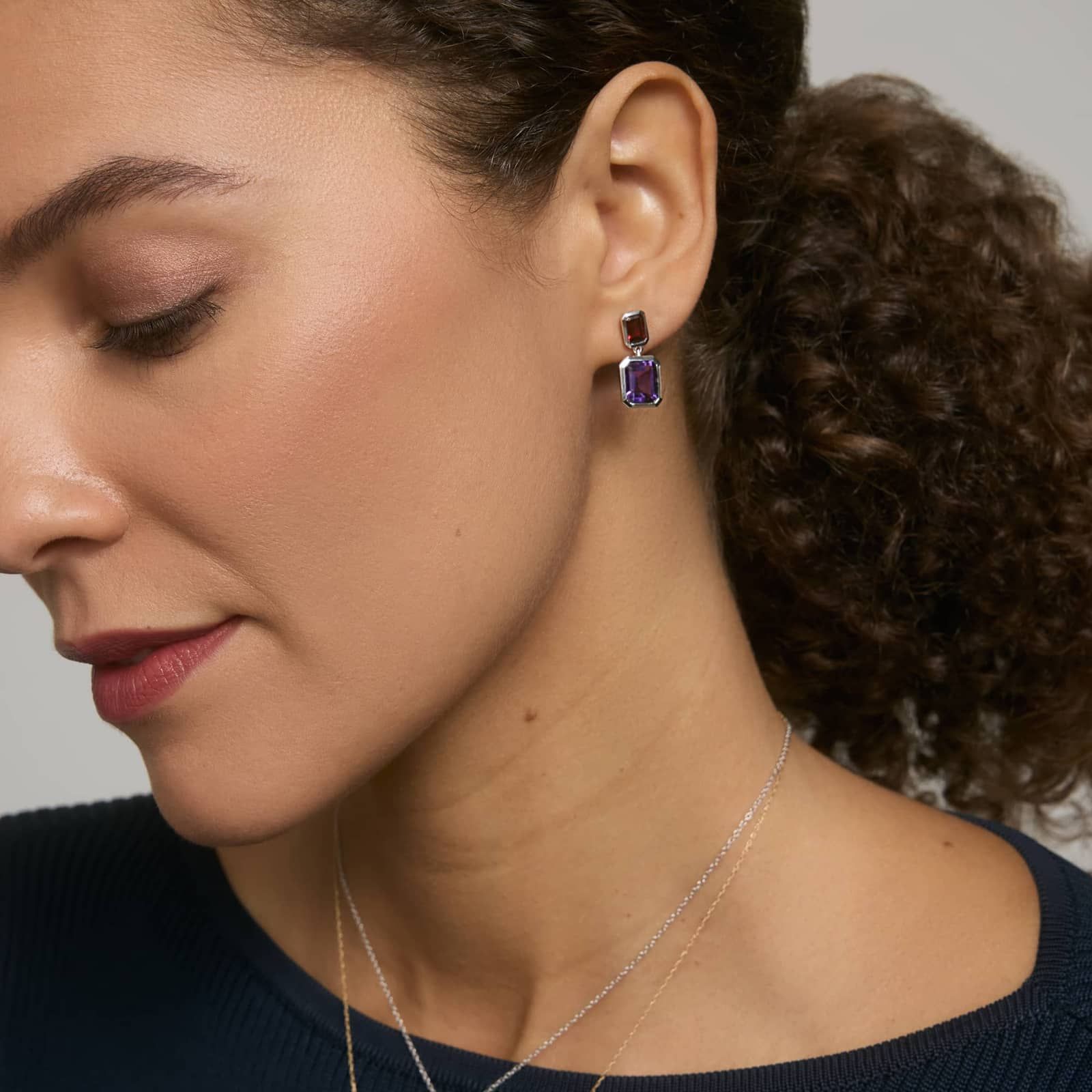 Emerald Cut Garnet and Amethyst Drop Earrings in Sterling Silver Bezel Setting