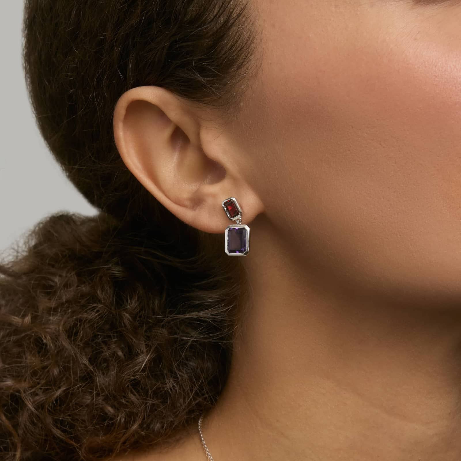 Emerald Cut Garnet and Amethyst Drop Earrings in Sterling Silver Bezel Setting