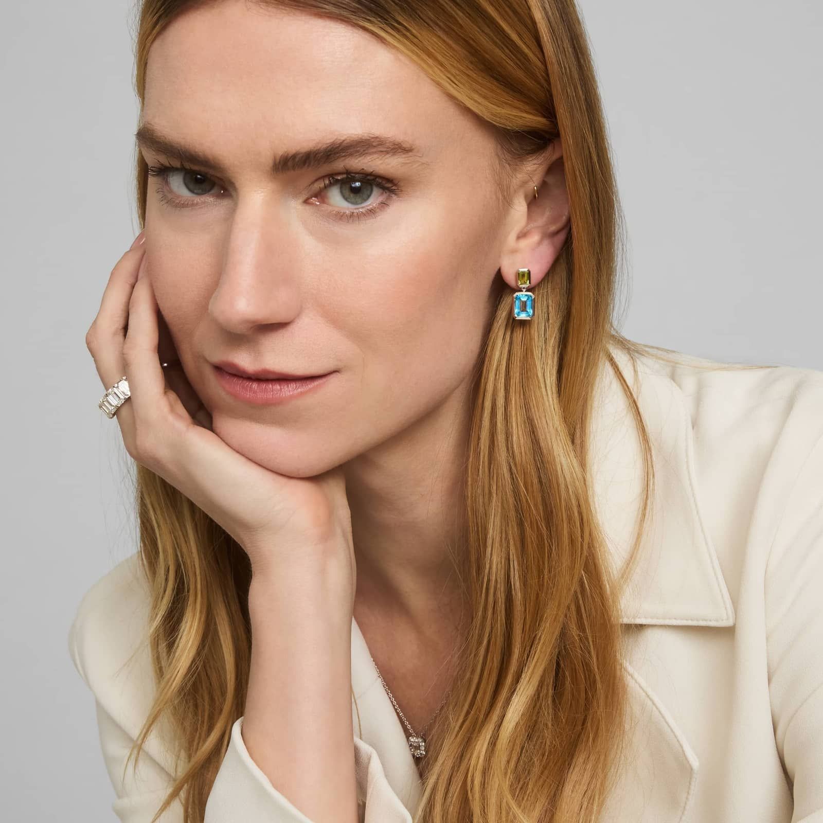 Emerald Cut Peridot and Blue Topaz Drop Earrings in Sterling Silver Bezel Setting