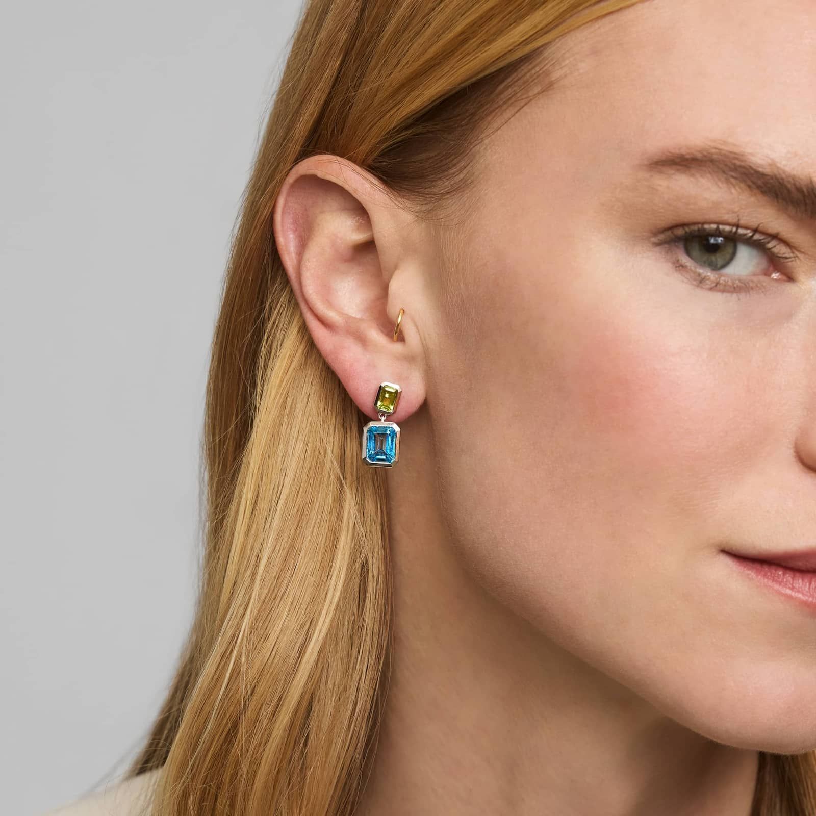 Emerald Cut Peridot and Blue Topaz Drop Earrings in Sterling Silver Bezel Setting
