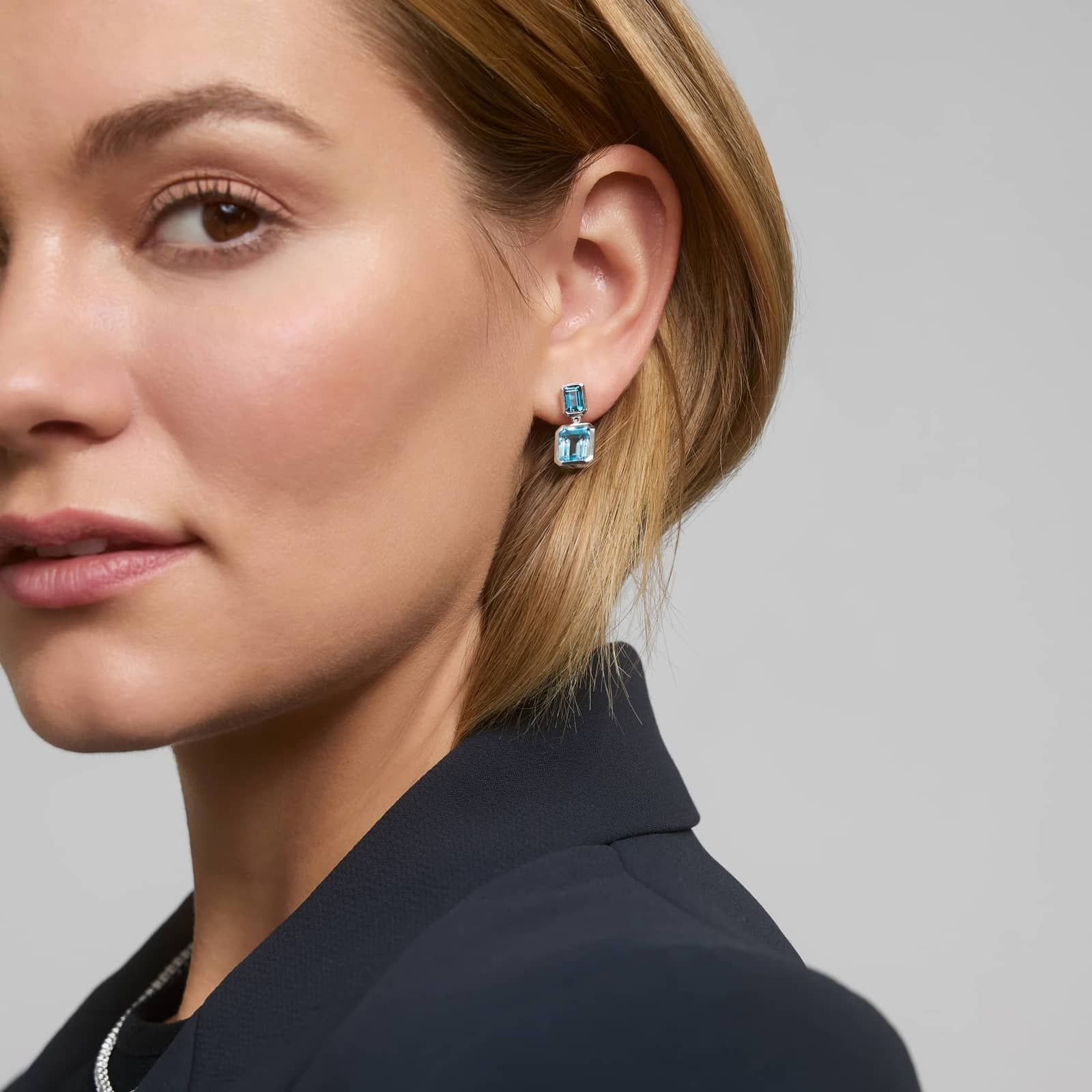 Emerald Cut London and Sky Blue Topaz Drop Earrings in Sterling Silver Bezel Setting