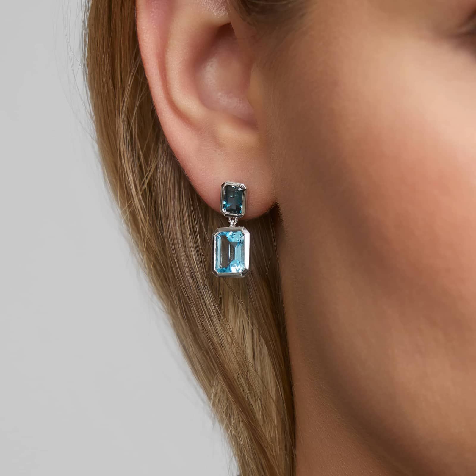 Emerald Cut London and Sky Blue Topaz Drop Earrings in Sterling Silver Bezel Setting