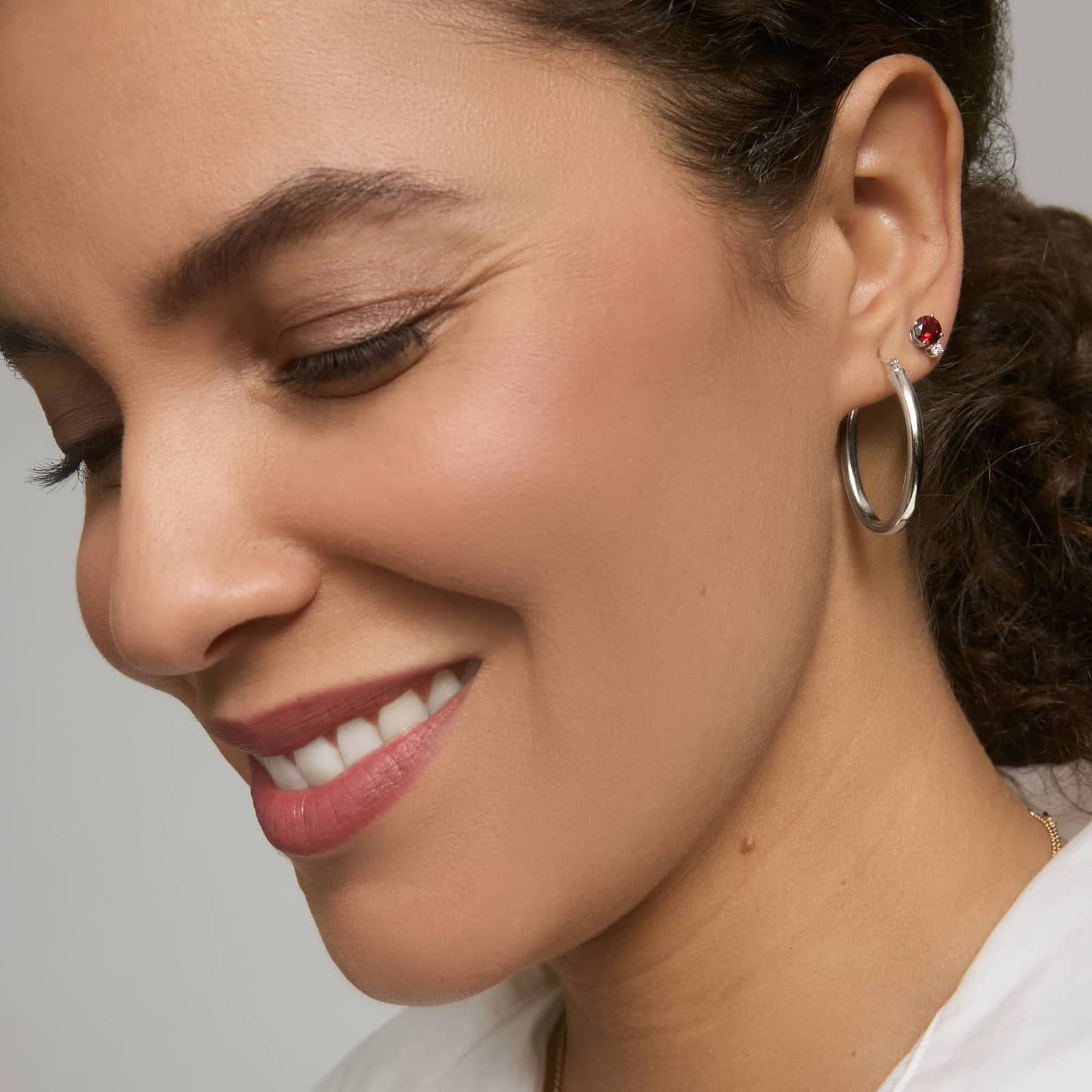 Garnet Stud Earrings with Diamond Accent in 14K White Gold