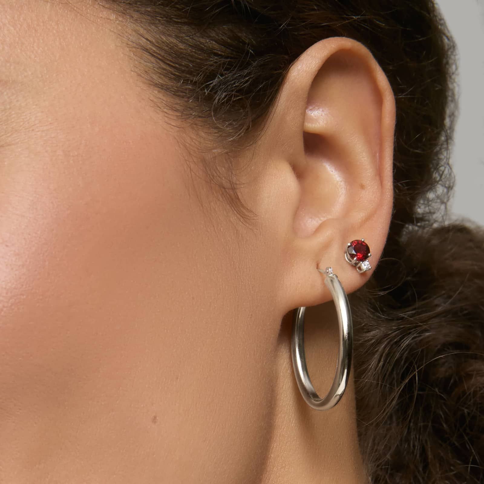 Garnet Stud Earrings with Diamond Accent in 14K White Gold