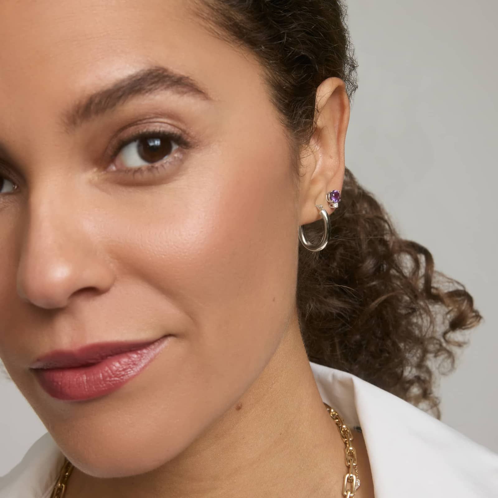 Amethyst Stud Earrings with Diamond Accent in 14K White Gold