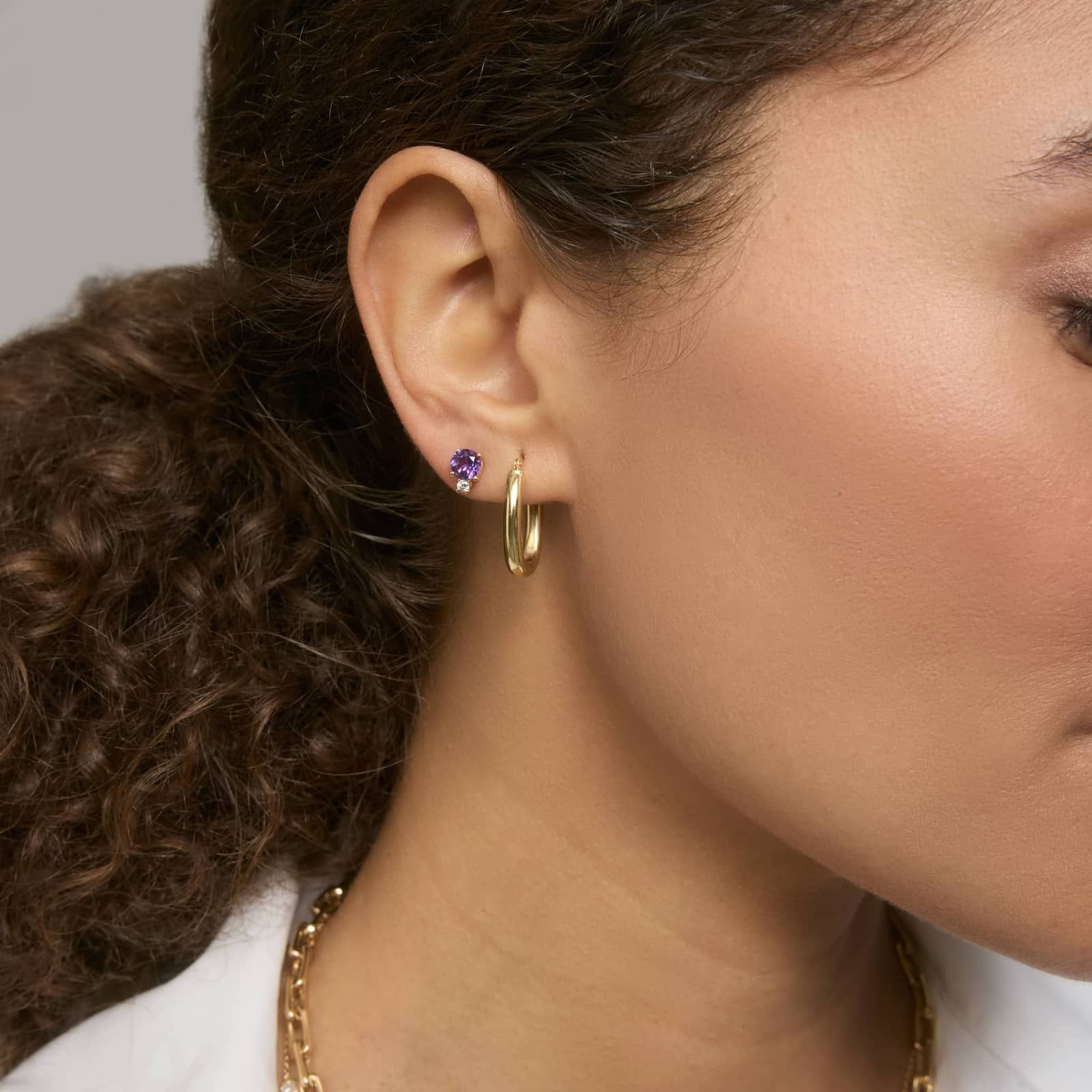 Amethyst Stud Earrings with Diamond Accent in 14K Yellow Gold