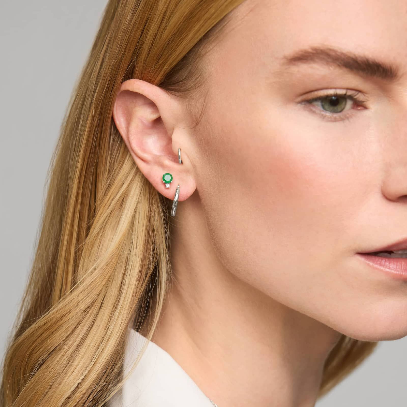 Emerald Stud Earrings with Diamond Accent in 14K White Gold