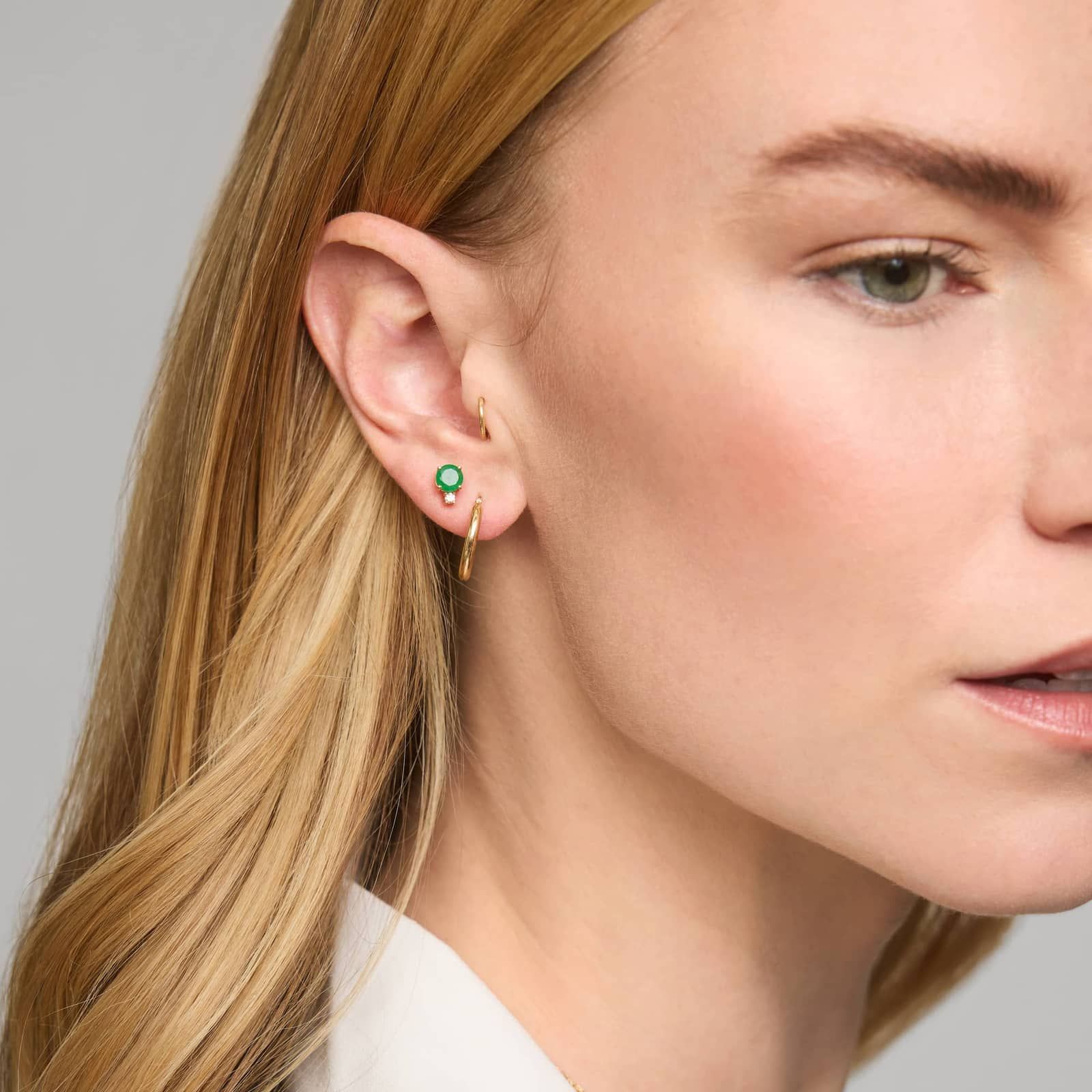 Emerald Stud Earrings with Diamond Accent in 14K Yellow Gold