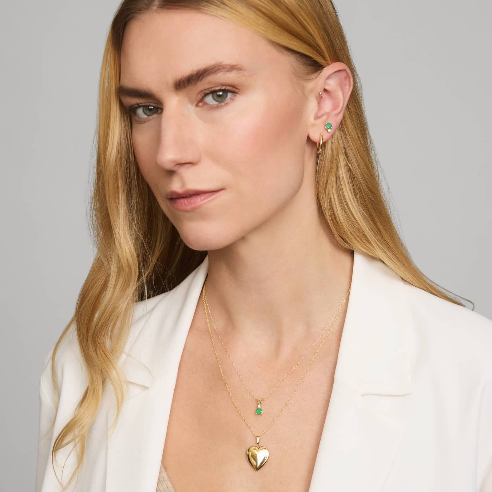 Emerald Stud Earrings with Diamond Accent in 14K Yellow Gold