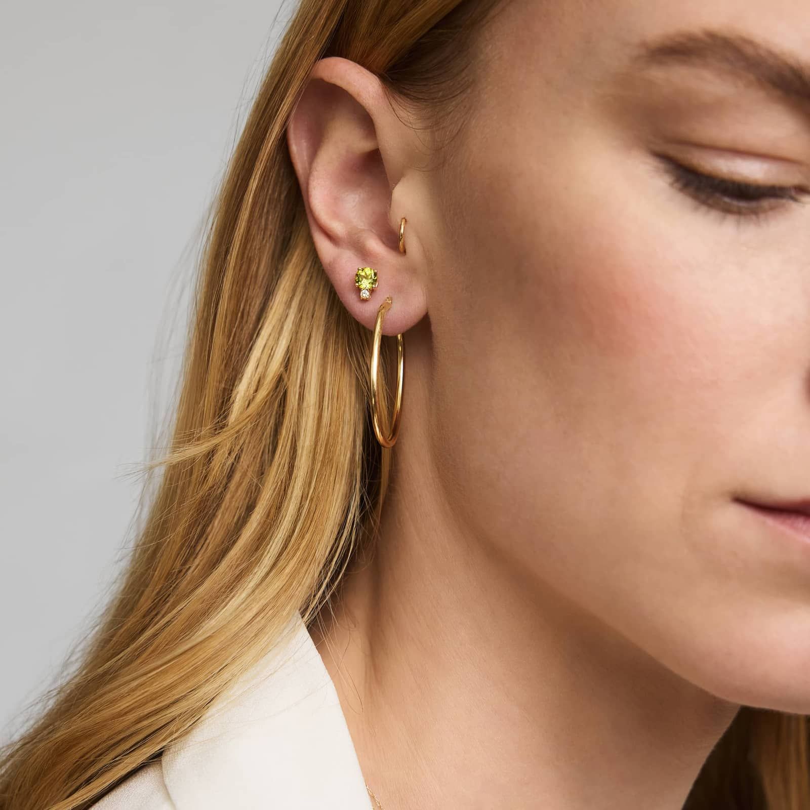 Peridot Stud Earrings with Diamond Accent in 14K Yellow Gold